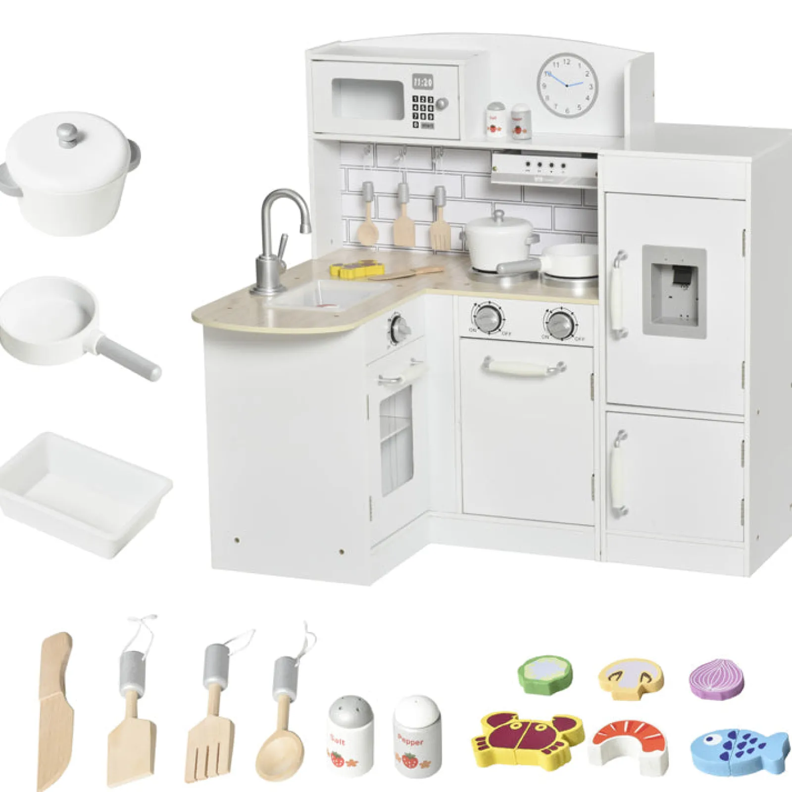 Little Helper Wooden Toys & Educational Toys | Toy Kitchens | Deluxe Montessori Wooden Toy Kitchen | Working Water Dispenser | Microwave | Clock | 14 Accessories