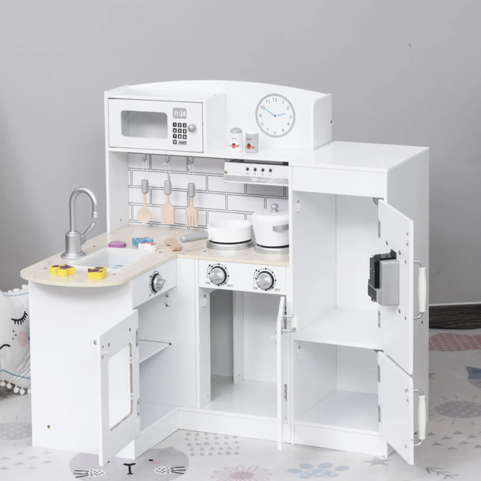 Little Helper Wooden Toys & Educational Toys | Toy Kitchens | Deluxe Montessori Wooden Toy Kitchen | Working Water Dispenser | Microwave | Clock | 14 Accessories
