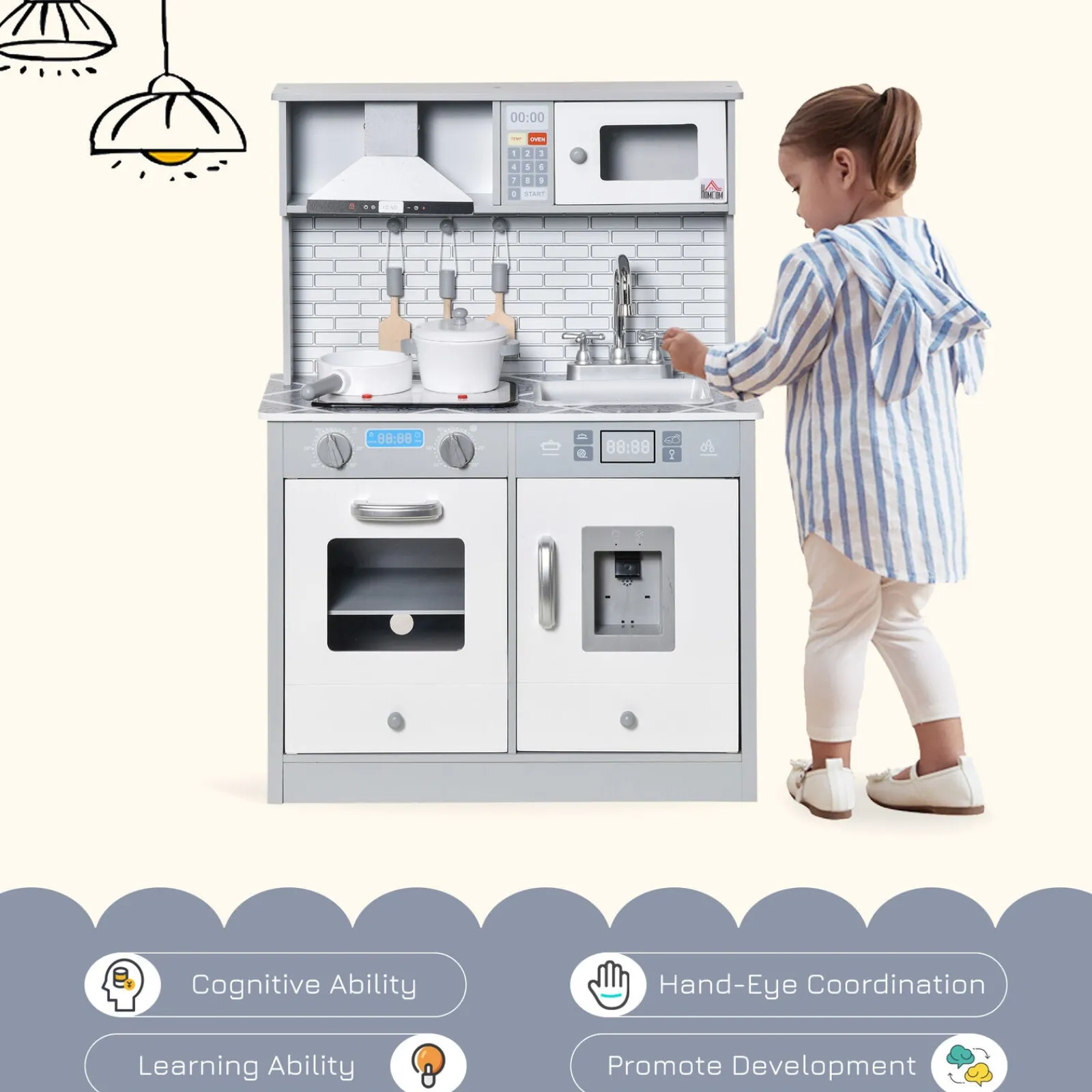 Little Helper Wooden Toys & Educational Toys | Toy Kitchens | Deluxe Montessori Wooden Toy Kitchen with Realistic Sounds & Lights | Includes Accessories