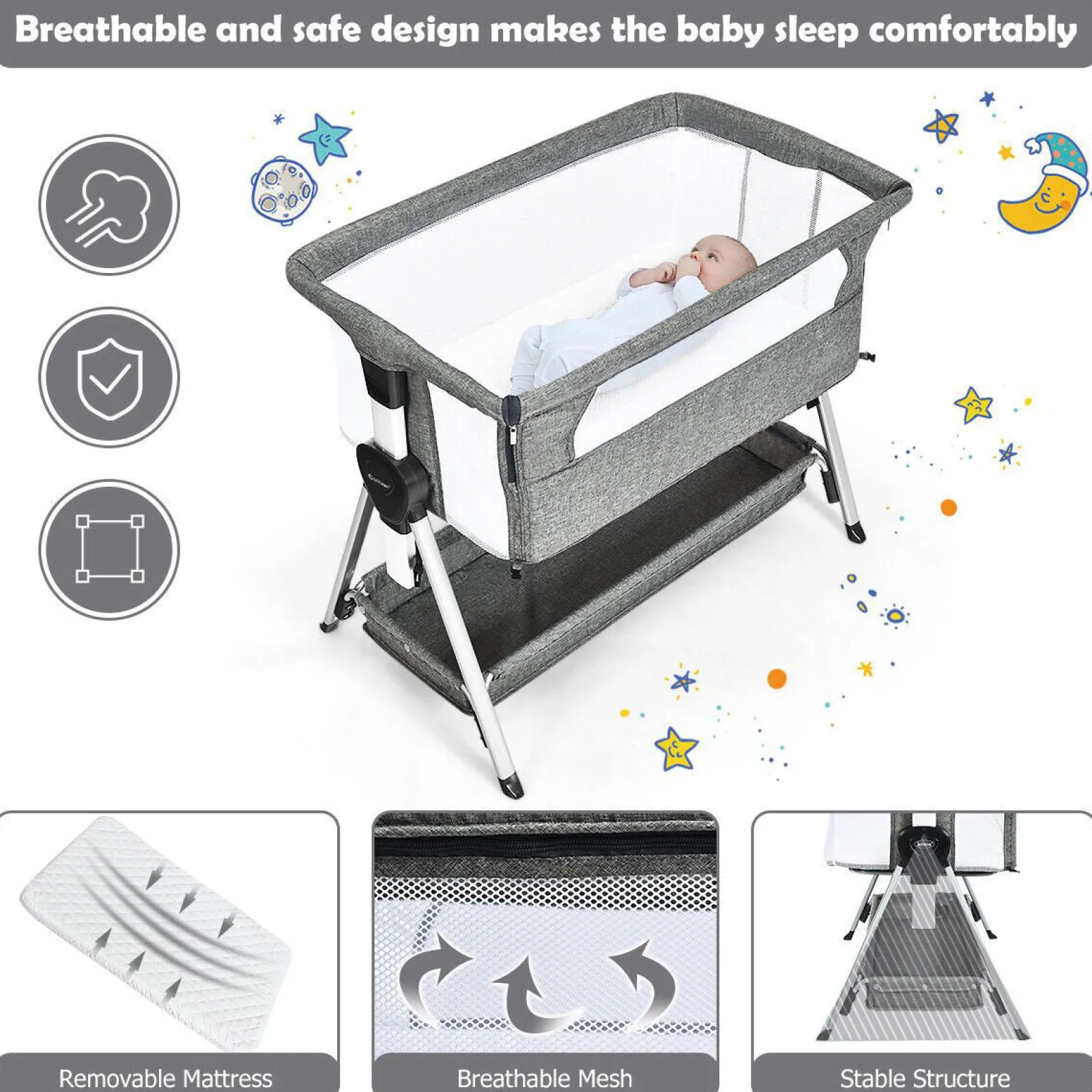 Little Helper Travel Cots & Travel Beds | Travel Cots | Deluxe Next-to-Me Baby Crib | Linen with Breathable Mesh | 7 Adjustable Heights | Wheels | 0-12m