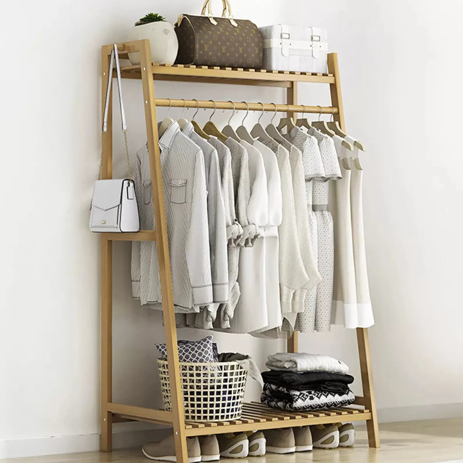 Little Helper Role Play Toys & Pretend Play | Clothes Rail & Dressing Up Rails | Eco 100% Bamboo Wood | Clothes Rail | Clothes Rack | 2 Shelves & Side Hooks | Natural | 1.4m High