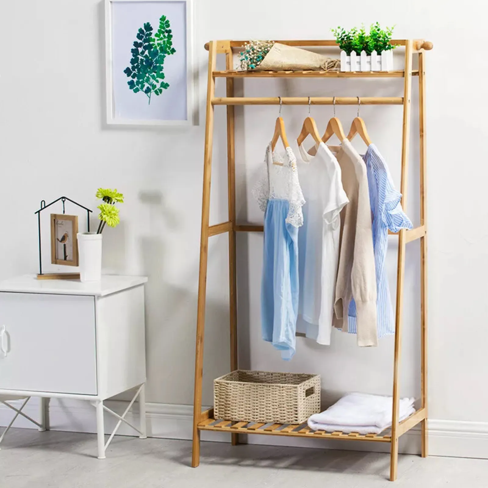 Little Helper Role Play Toys & Pretend Play | Clothes Rail & Dressing Up Rails | Eco 100% Bamboo Wood | Clothes Rail | Clothes Rack | 2 Shelves & Side Hooks | Natural | 1.4m High