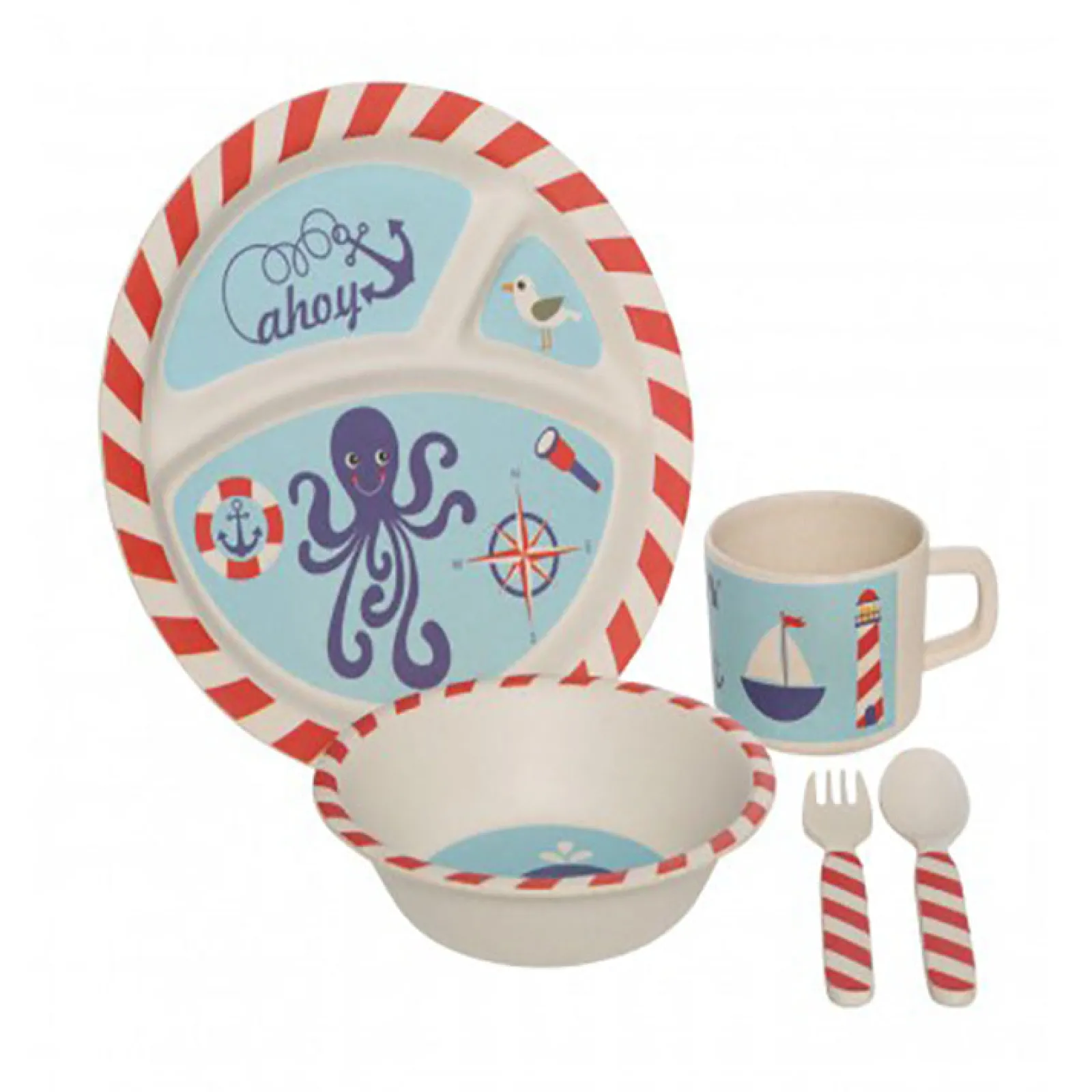 Little Helper Weaning & Feeding | Eco Conscious Bamboo Baby & Toddler Feeding Set | 5 Piece Set | Nautical Design