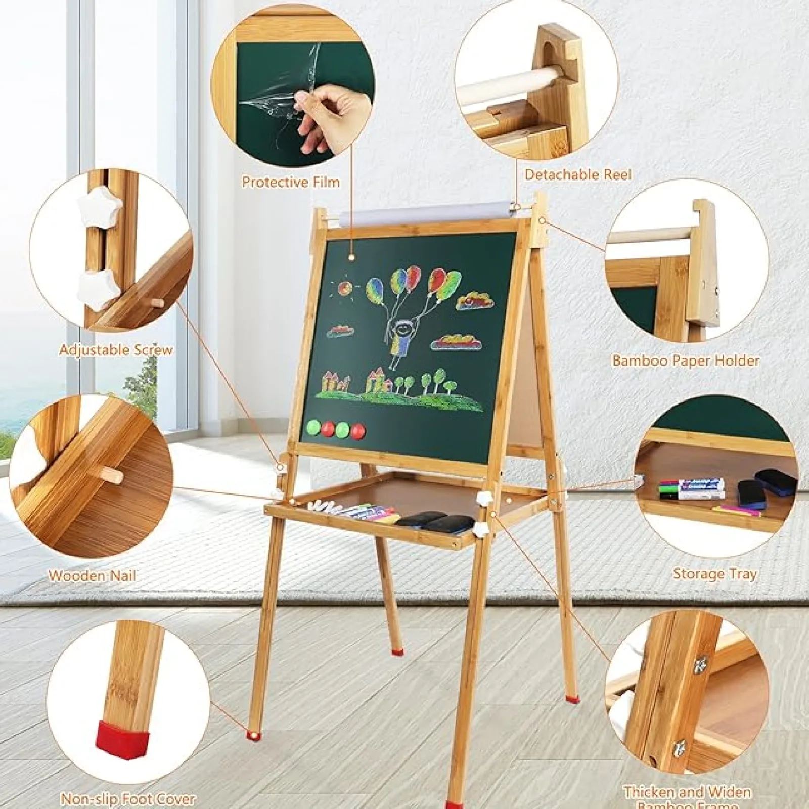 Little Helper Kids Arts & Crafts & Accessories | Easels & Accessories | Eco Conscious Bamboo Wood Height Adjustable Folding 3-in-1 Easel | Whiteboard | Blackboard Double Easel | 3-16 Years