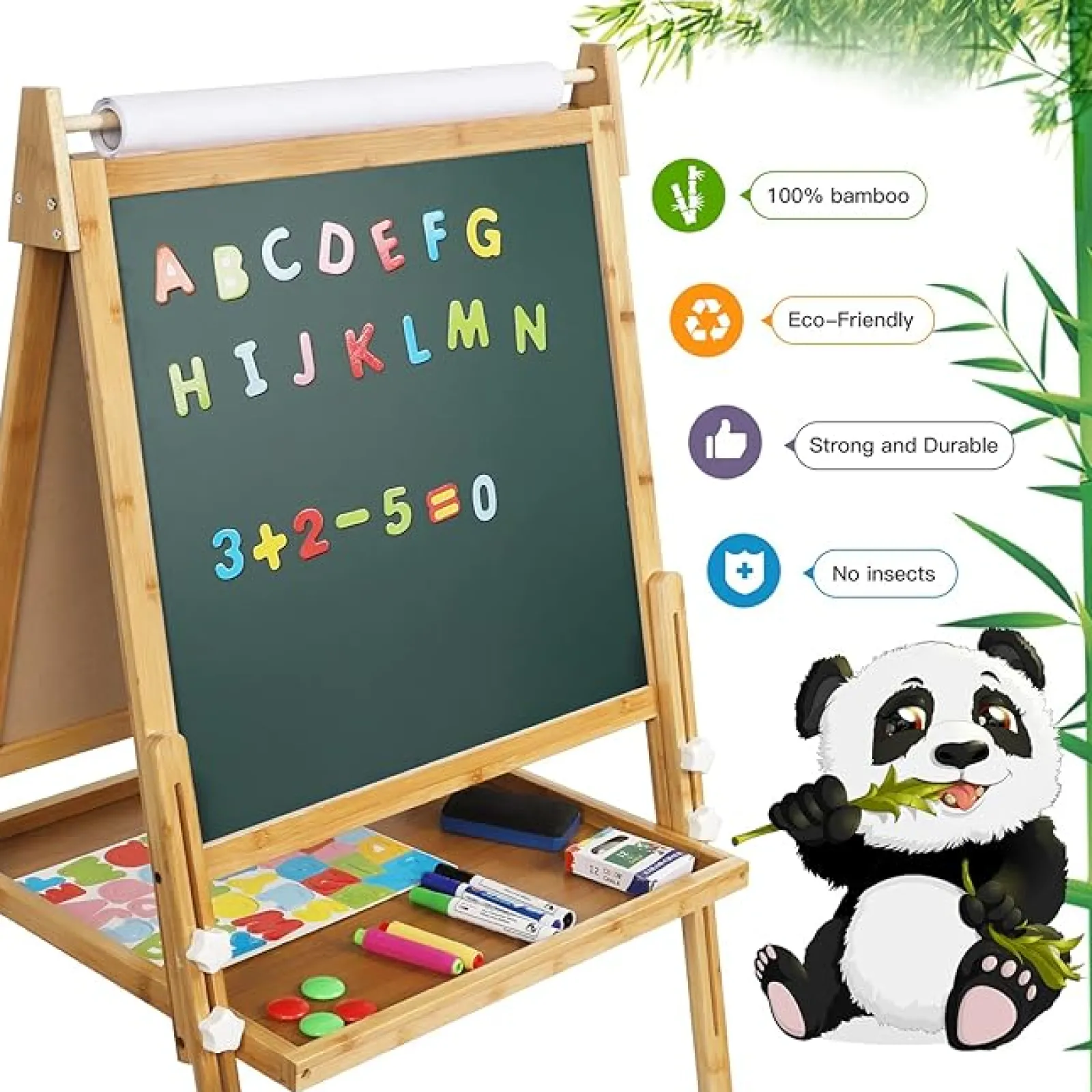 Little Helper Kids Arts & Crafts & Accessories | Easels & Accessories | Eco Conscious Bamboo Wood Height Adjustable Folding 3-in-1 Easel | Whiteboard | Blackboard Double Easel | 3-16 Years