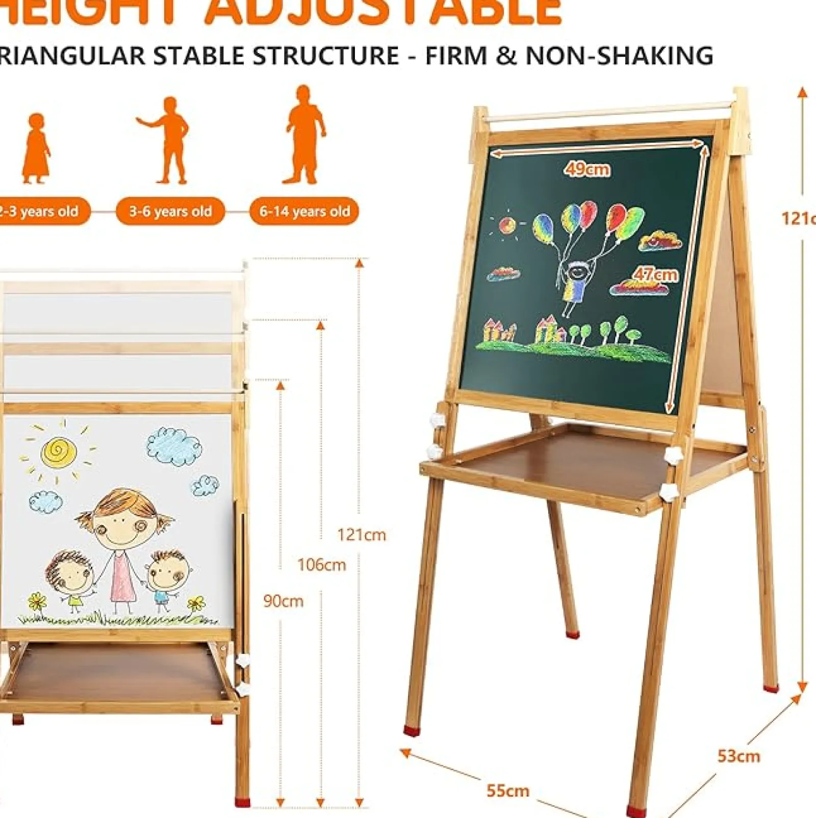 Little Helper Kids Arts & Crafts & Accessories | Easels & Accessories | Eco Conscious Bamboo Wood Height Adjustable Folding 3-in-1 Easel | Whiteboard | Blackboard Double Easel | 3-16 Years