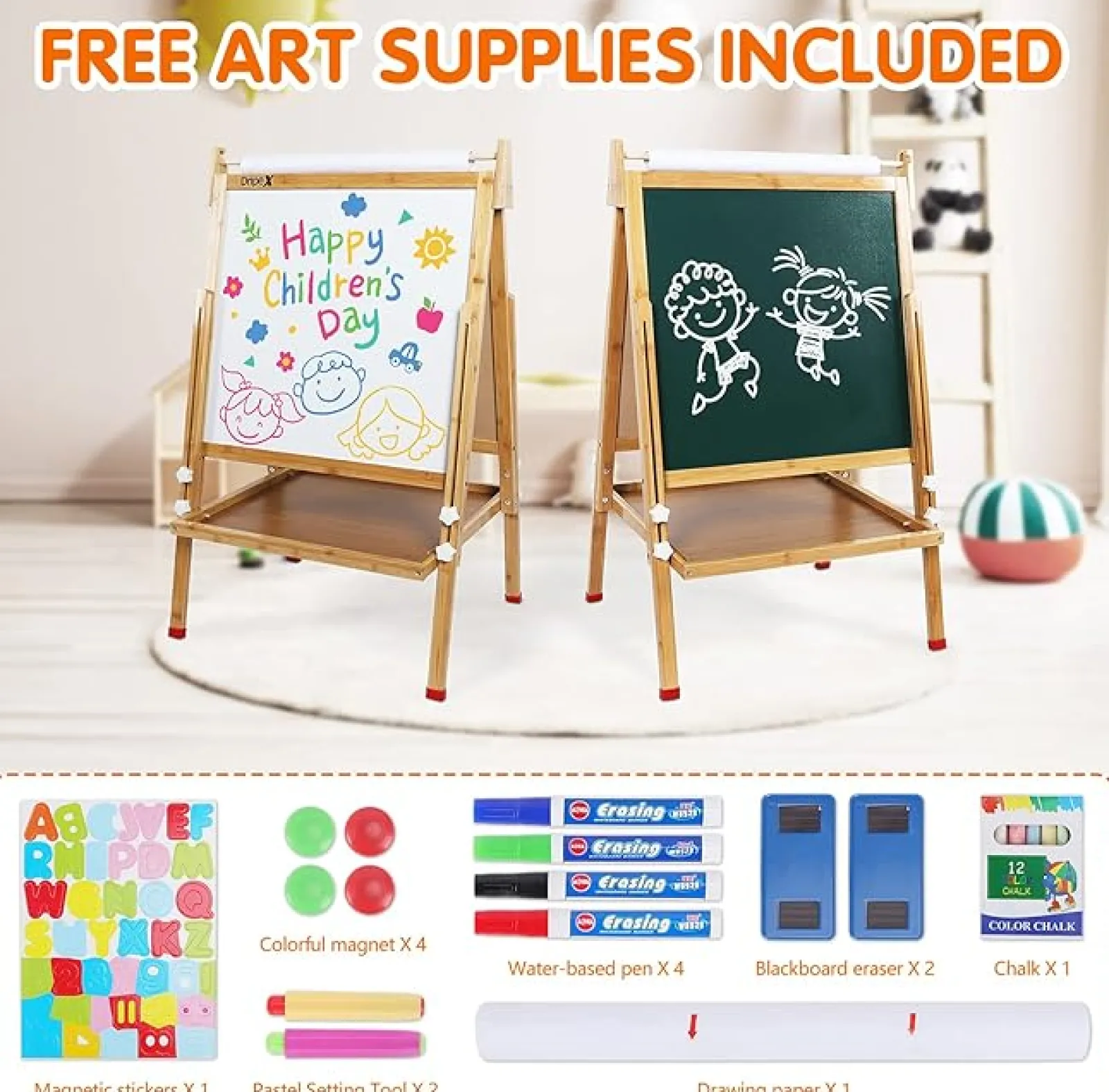 Little Helper Kids Arts & Crafts & Accessories | Easels & Accessories | Eco Conscious Bamboo Wood Height Adjustable Folding 3-in-1 Easel | Whiteboard | Blackboard Double Easel | 3-16 Years