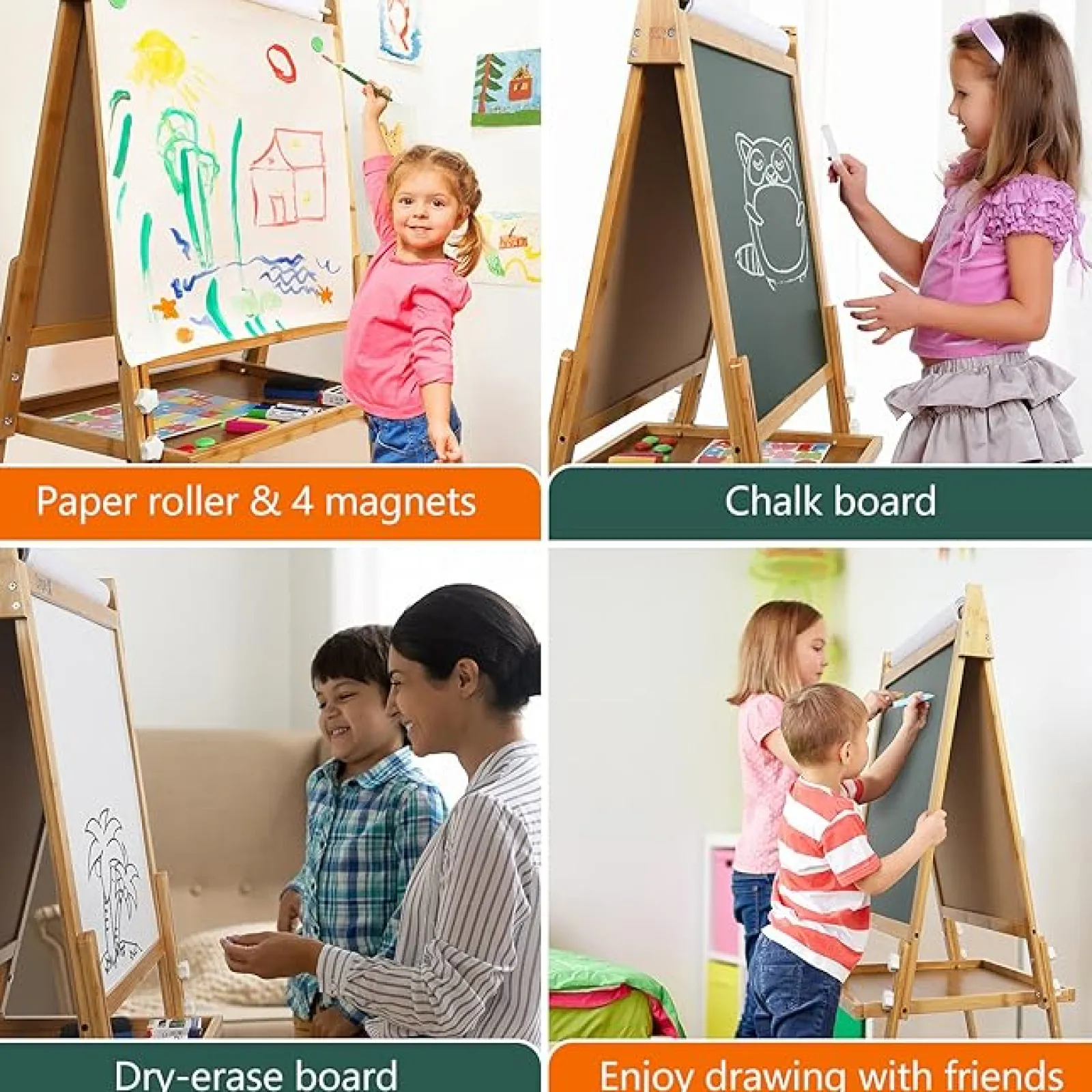 Little Helper Kids Arts & Crafts & Accessories | Easels & Accessories | Eco Conscious Bamboo Wood Height Adjustable Folding 3-in-1 Easel | Whiteboard | Blackboard Double Easel | 3-16 Years
