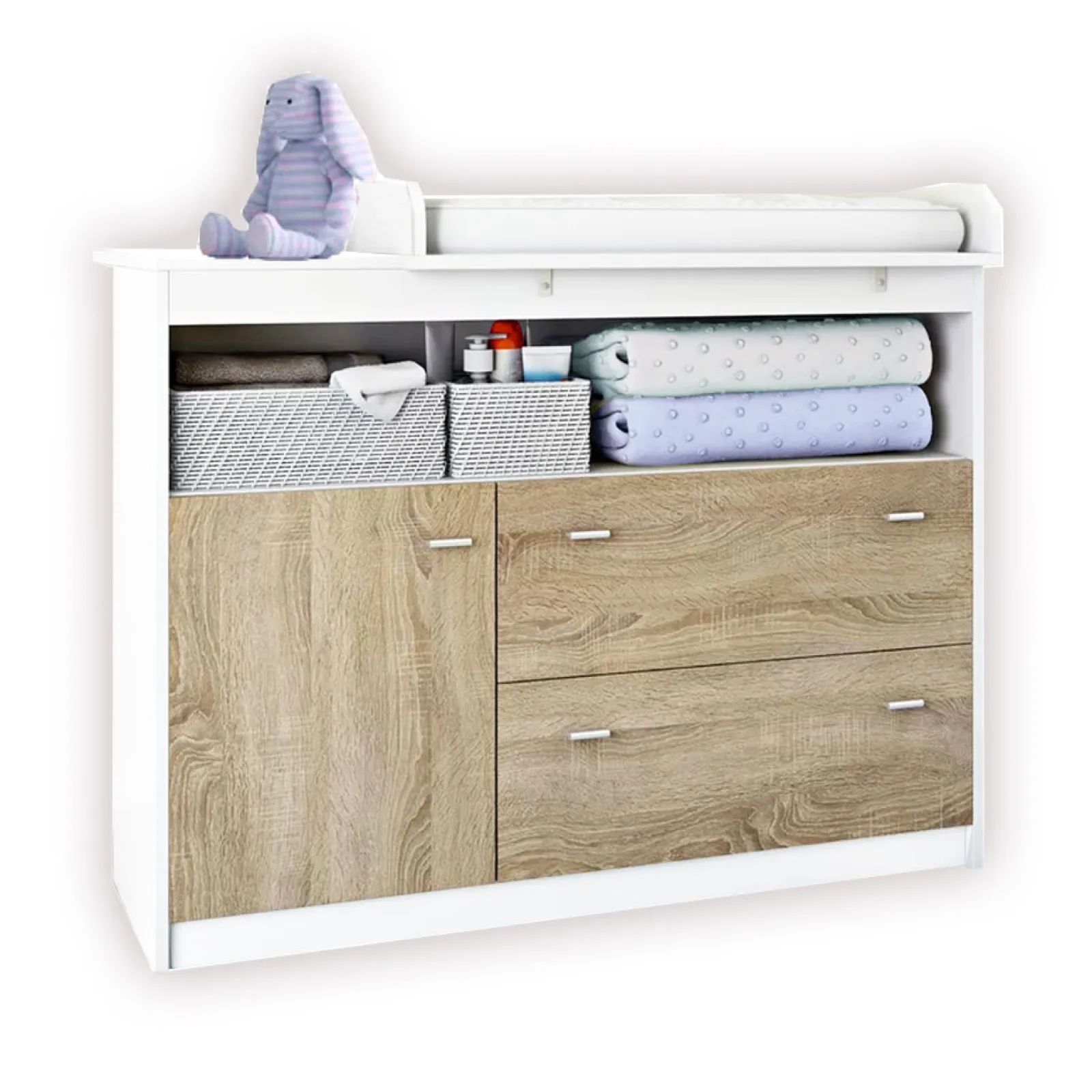 Little Helper Changing Units & Changing Tables & Dressers | Eco Conscious Sonoma Oak Wood Baby Changing Unit | Storage Pockets | Cupboard & 2 Drawers | Removable Topper | White & Oak