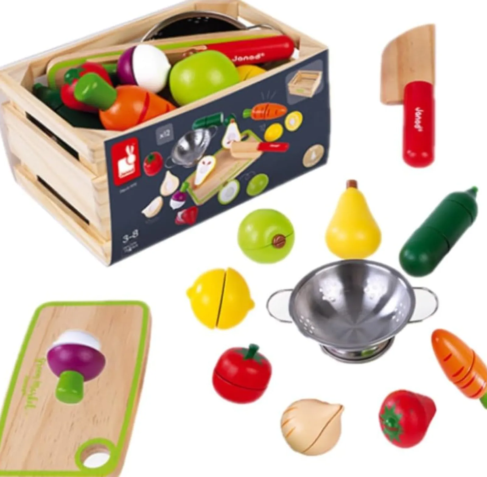 Little Helper Wooden Toys & Educational Toys | Role Play Toys & Pretend Play | 100% Eco Deluxe Kids Montessori Fruit Veg Play Food Set | Mini Colander | Kiddy Knife | Chopping Board & Crate