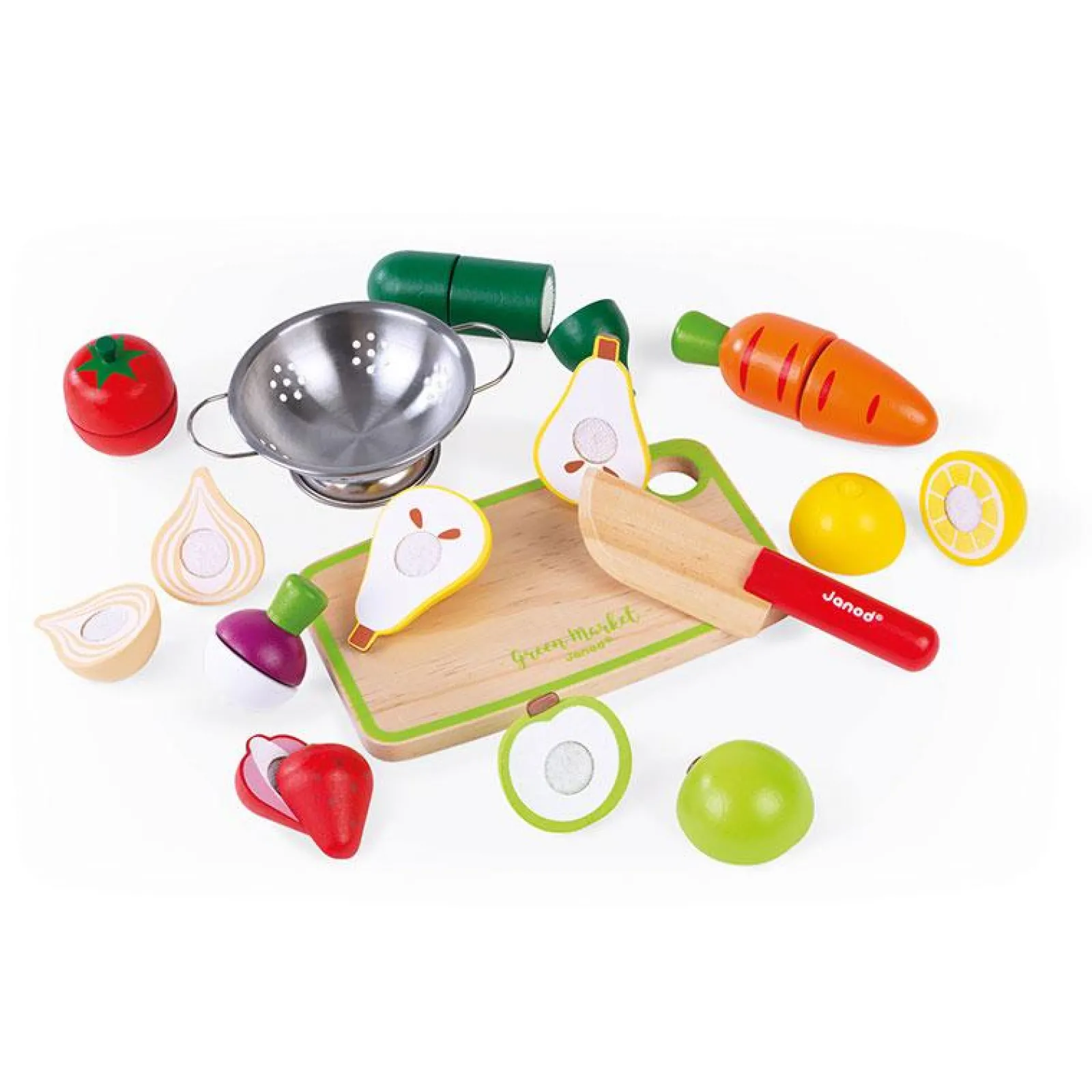 Little Helper Wooden Toys & Educational Toys | Role Play Toys & Pretend Play | 100% Eco Deluxe Kids Montessori Fruit Veg Play Food Set | Mini Colander | Kiddy Knife | Chopping Board & Crate