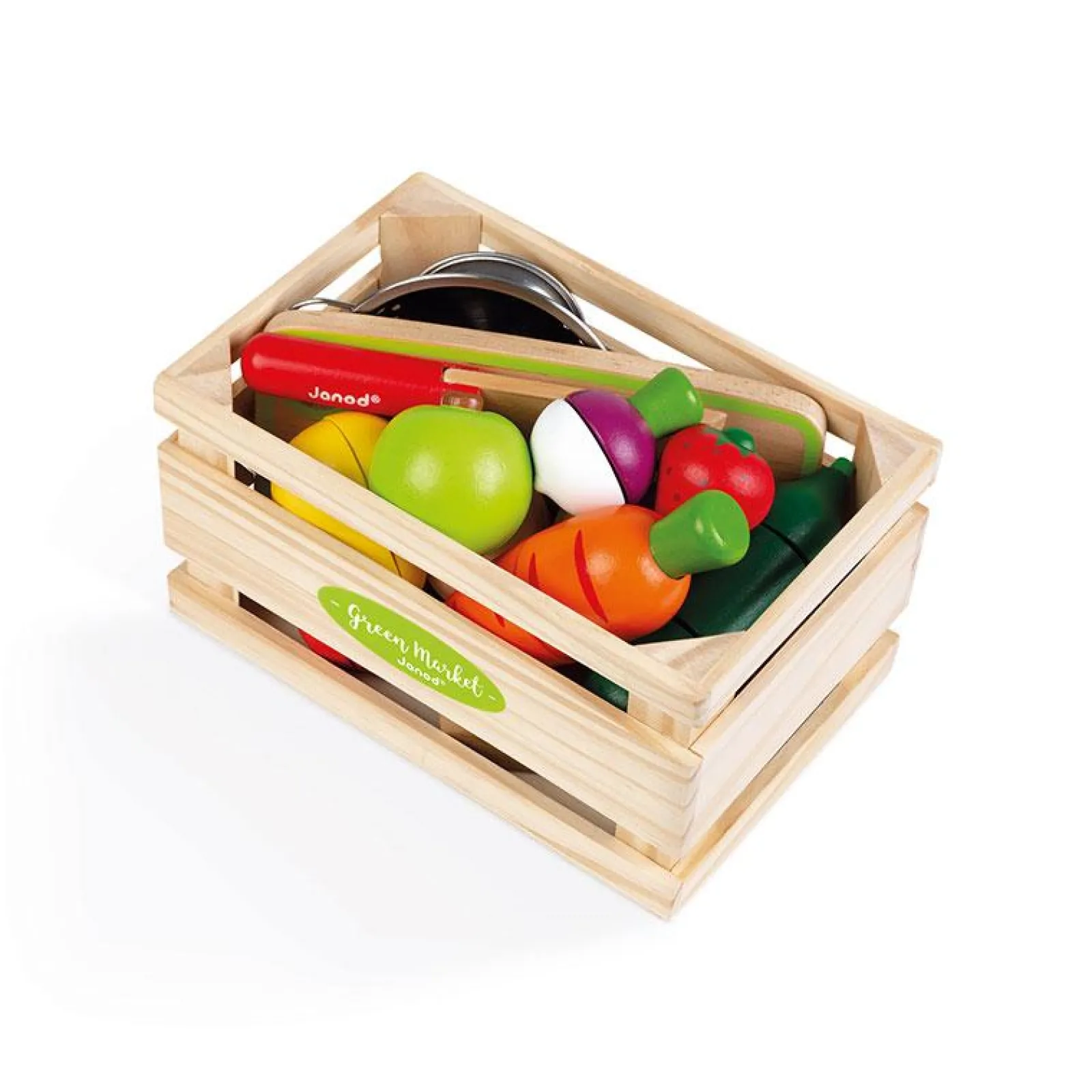 Little Helper Wooden Toys & Educational Toys | Role Play Toys & Pretend Play | 100% Eco Deluxe Kids Montessori Fruit Veg Play Food Set | Mini Colander | Kiddy Knife | Chopping Board & Crate