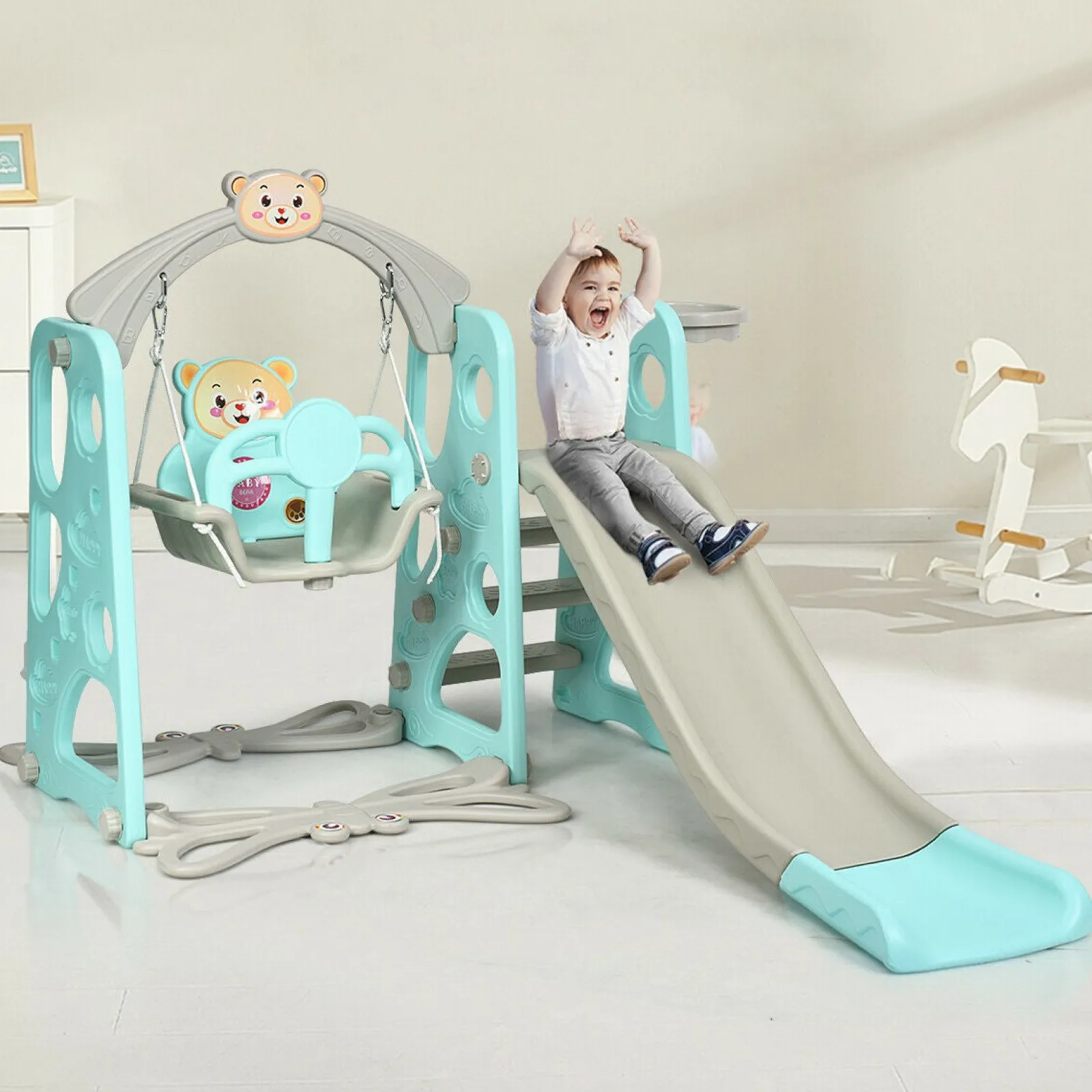 Little Helper Swing & Slide Sets & Garden Play & Trampolines | Activity Toys | Eco Friendly | Non-Toxic | 3-in-1 Toddler Swing & Slide Set | Indoor & Outdoor | Aqua & Grey | 1-6 years