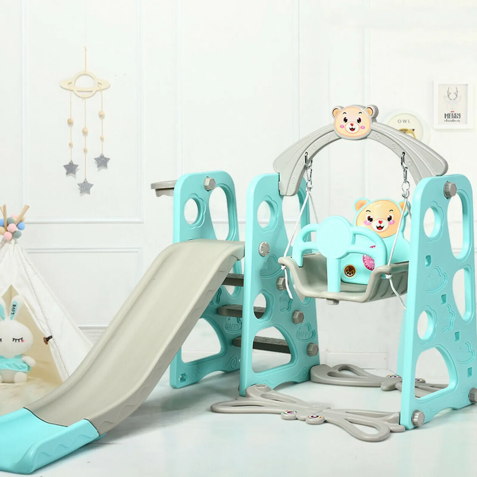 Little Helper Swing & Slide Sets & Garden Play & Trampolines | Activity Toys | Eco Friendly | Non-Toxic | 3-in-1 Toddler Swing & Slide Set | Indoor & Outdoor | Aqua & Grey | 1-6 years