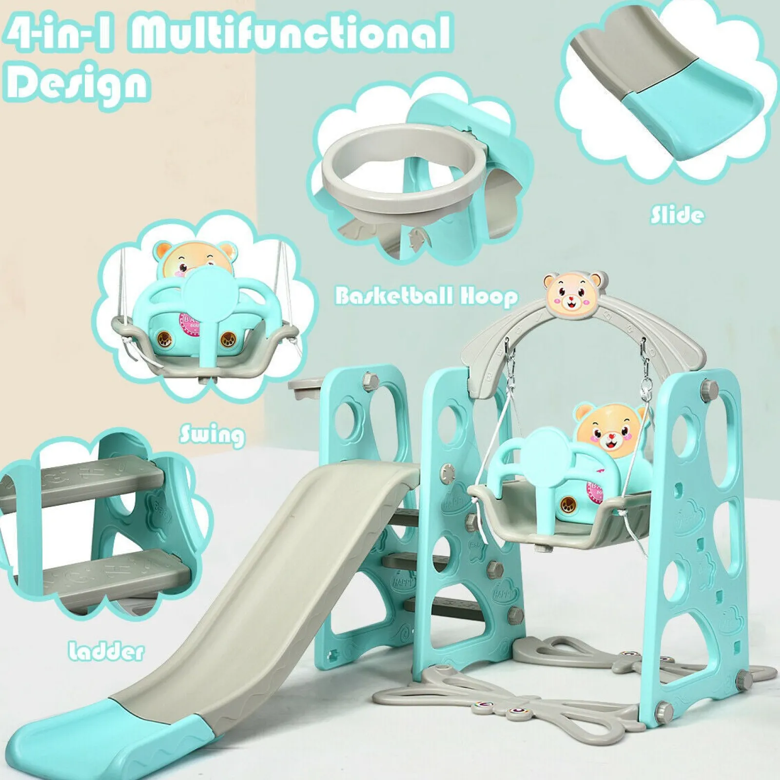 Little Helper Swing & Slide Sets & Garden Play & Trampolines | Activity Toys | Eco Friendly | Non-Toxic | 3-in-1 Toddler Swing & Slide Set | Indoor & Outdoor | Aqua & Grey | 1-6 years