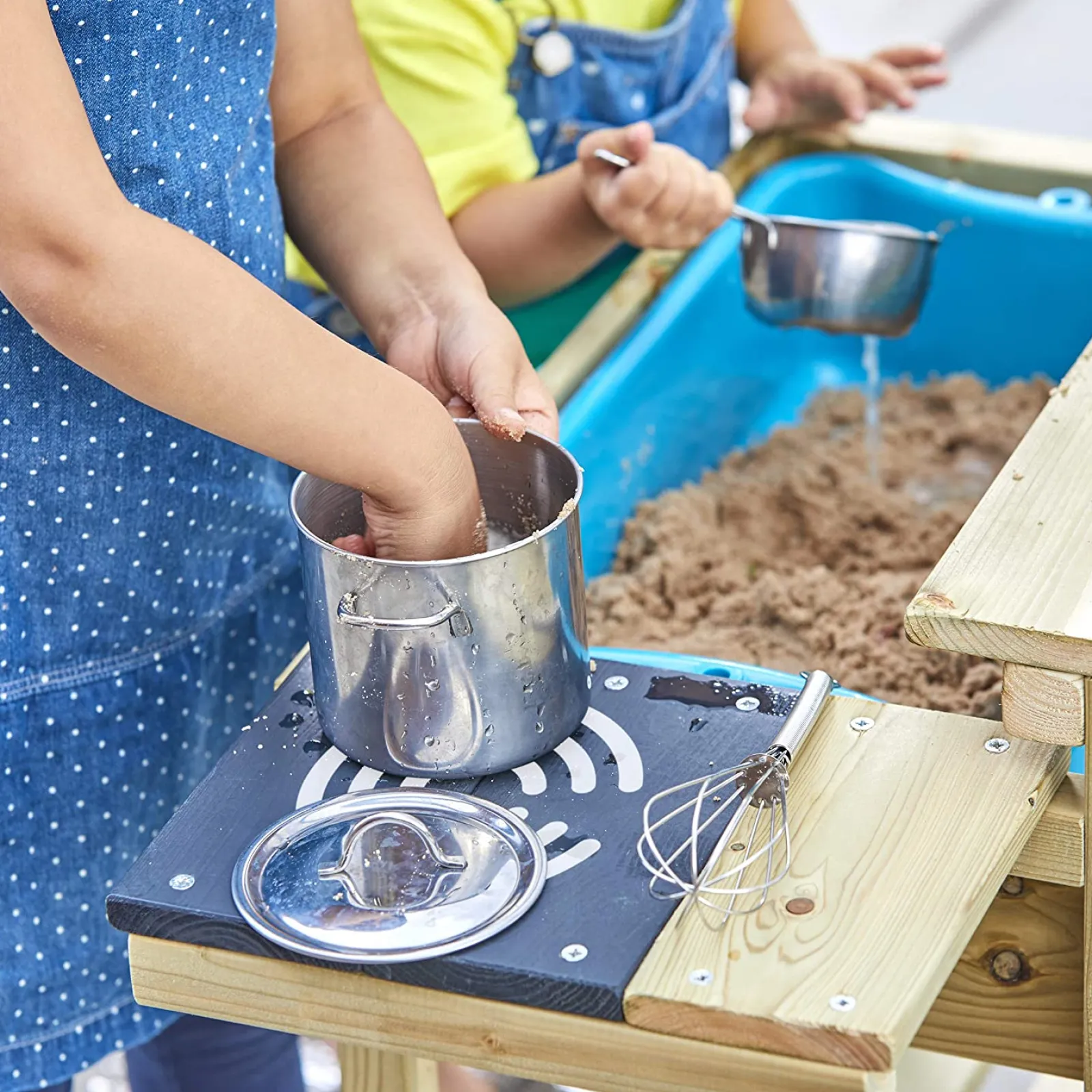 Little Helper Sand & Water Table & Sandpits & Mud Kitchens | Toy Kitchens | Eco Friendly Montessori Natural Wood Kids Mud Kitchen with 4PC Utensils | Wooden Toy Kitchen | 3 Years+