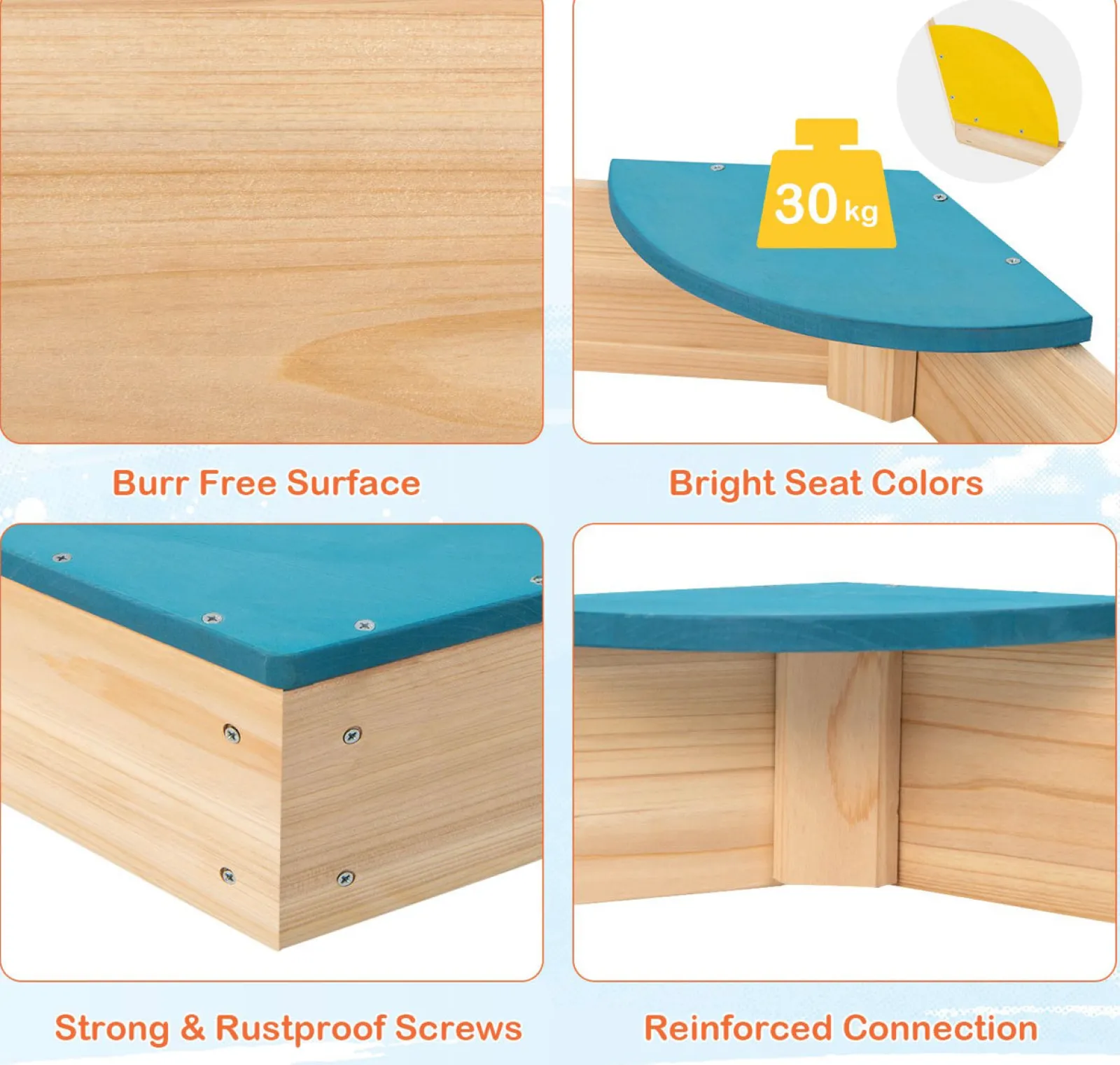 Little Helper Sand & Water Table & Sandpits & Mud Kitchens | Eco FSC Montessori Cedar Wood Sandpit | 6 Corner Seats | 140 x 122 cm