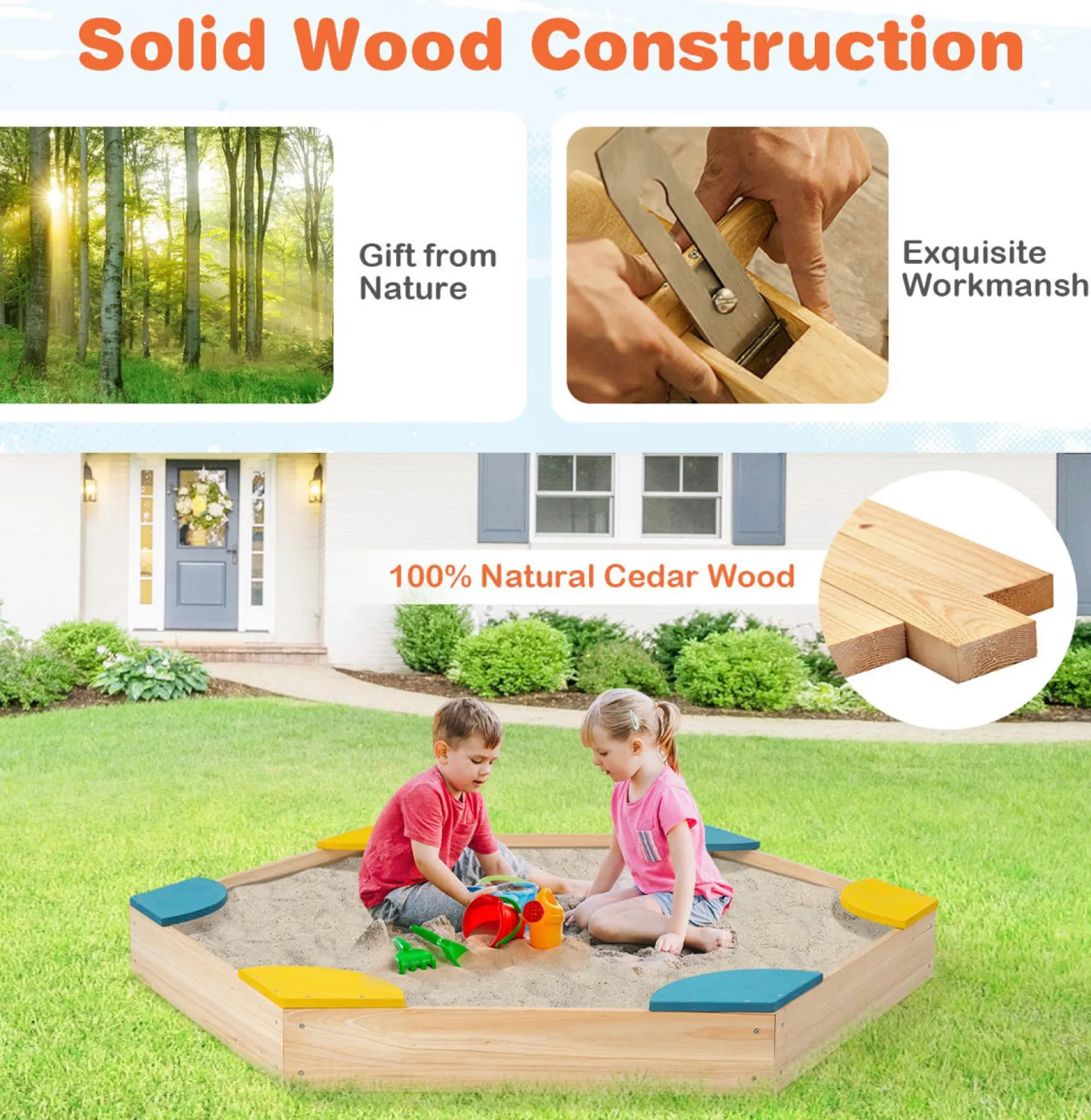 Little Helper Sand & Water Table & Sandpits & Mud Kitchens | Eco FSC Montessori Cedar Wood Sandpit | 6 Corner Seats | 140 x 122 cm