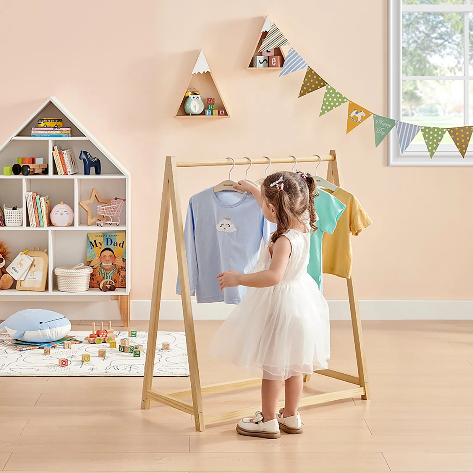 Little Helper Montessori Toys & Products | Clothes Rail & Dressing Up Rails | 100% Eco Natural Pine Wooden Montessori Clothes Rail | Dress Up Rail | Natural | 96cm high