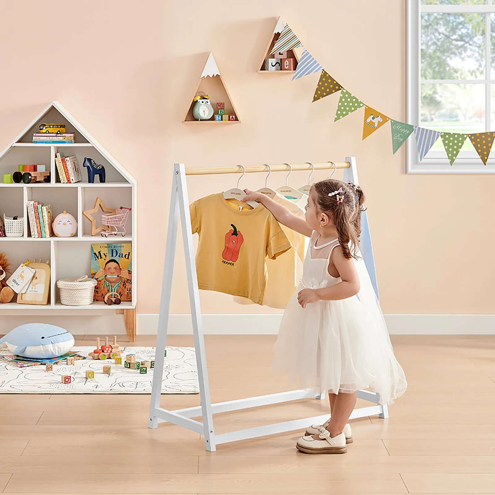 Little Helper Montessori Toys & Products | Clothes Rail & Dressing Up Rails | 100% Eco Natural Pine Wooden Montessori Clothes Rail | Dress Up Rail | Natural/White | 96cm high