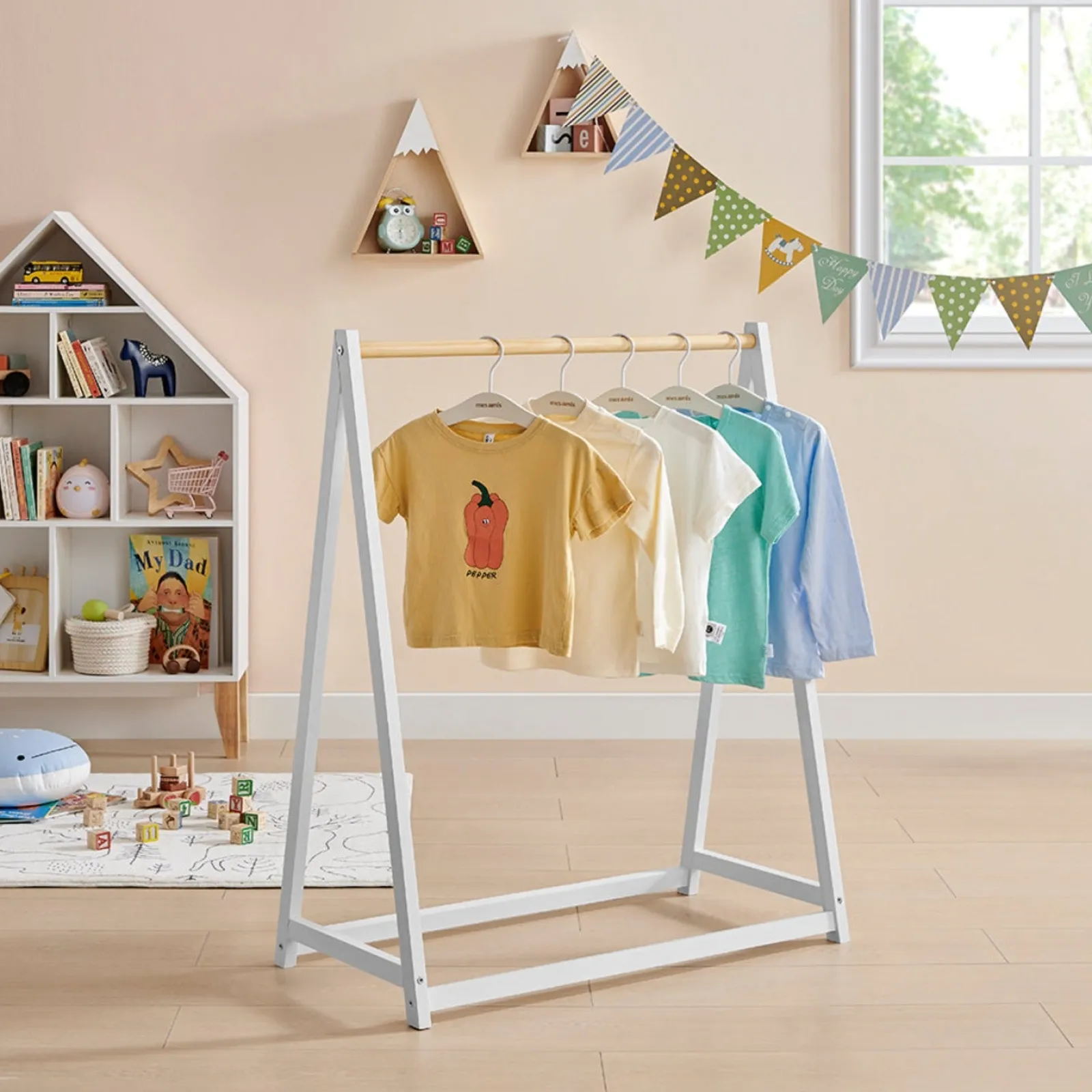 Little Helper Montessori Toys & Products | Clothes Rail & Dressing Up Rails | 100% Eco Natural Pine Wooden Montessori Clothes Rail | Dress Up Rail | Natural/White | 96cm high