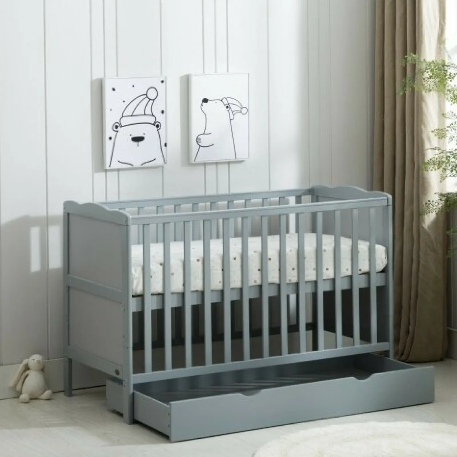 Little Helper Cot Beds | Cot Beds | Eco New Zealand Pine PEBBLES 2-in-1 Height Adjustable Cot Bed | Underbed Storage | Junior Bed | Warm Grey