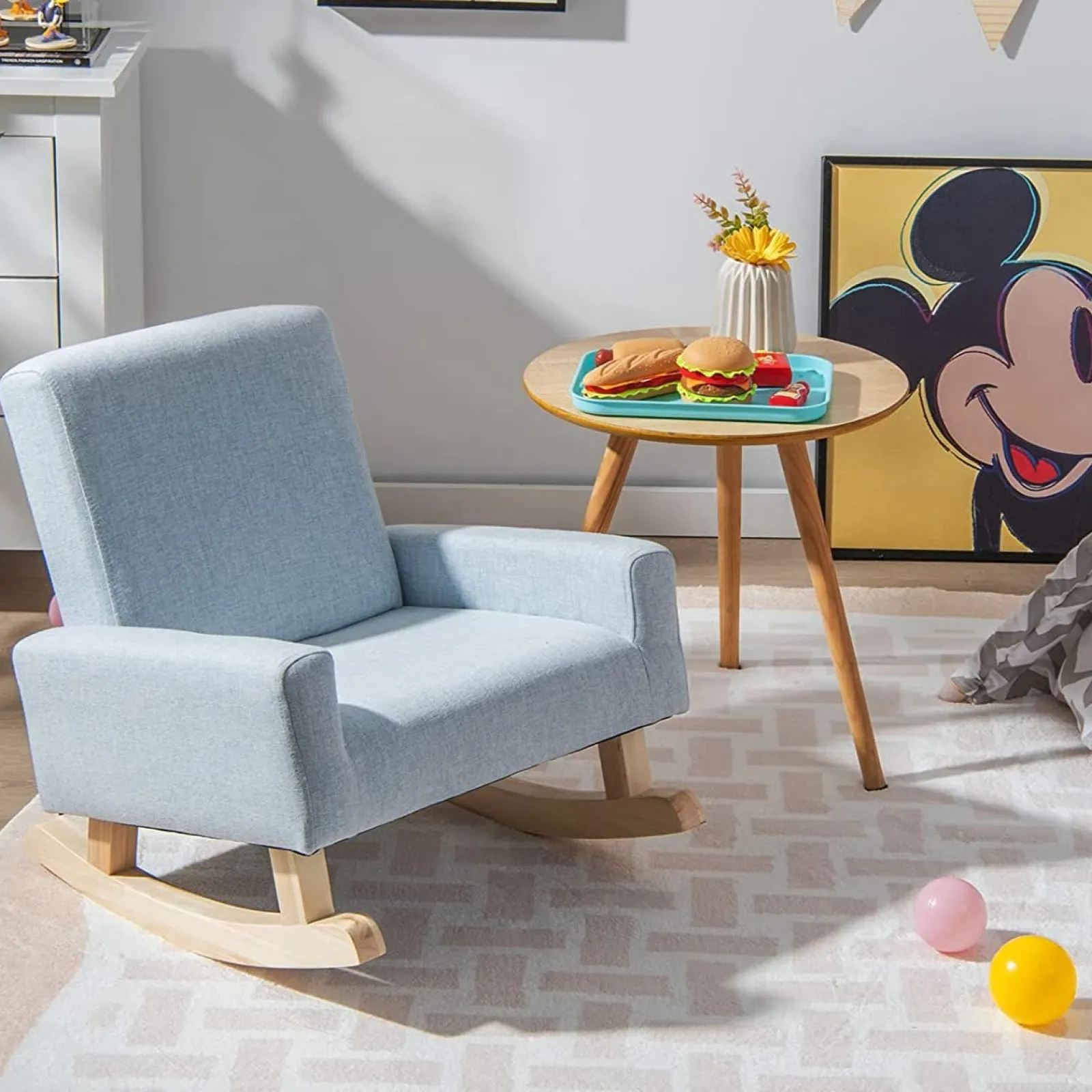Little Helper Chairs & Stools | Eco Wood Frame | Anti-Tip Spine Supporting Armchair | Rocking Chair | Linen Blue | 3-6 years