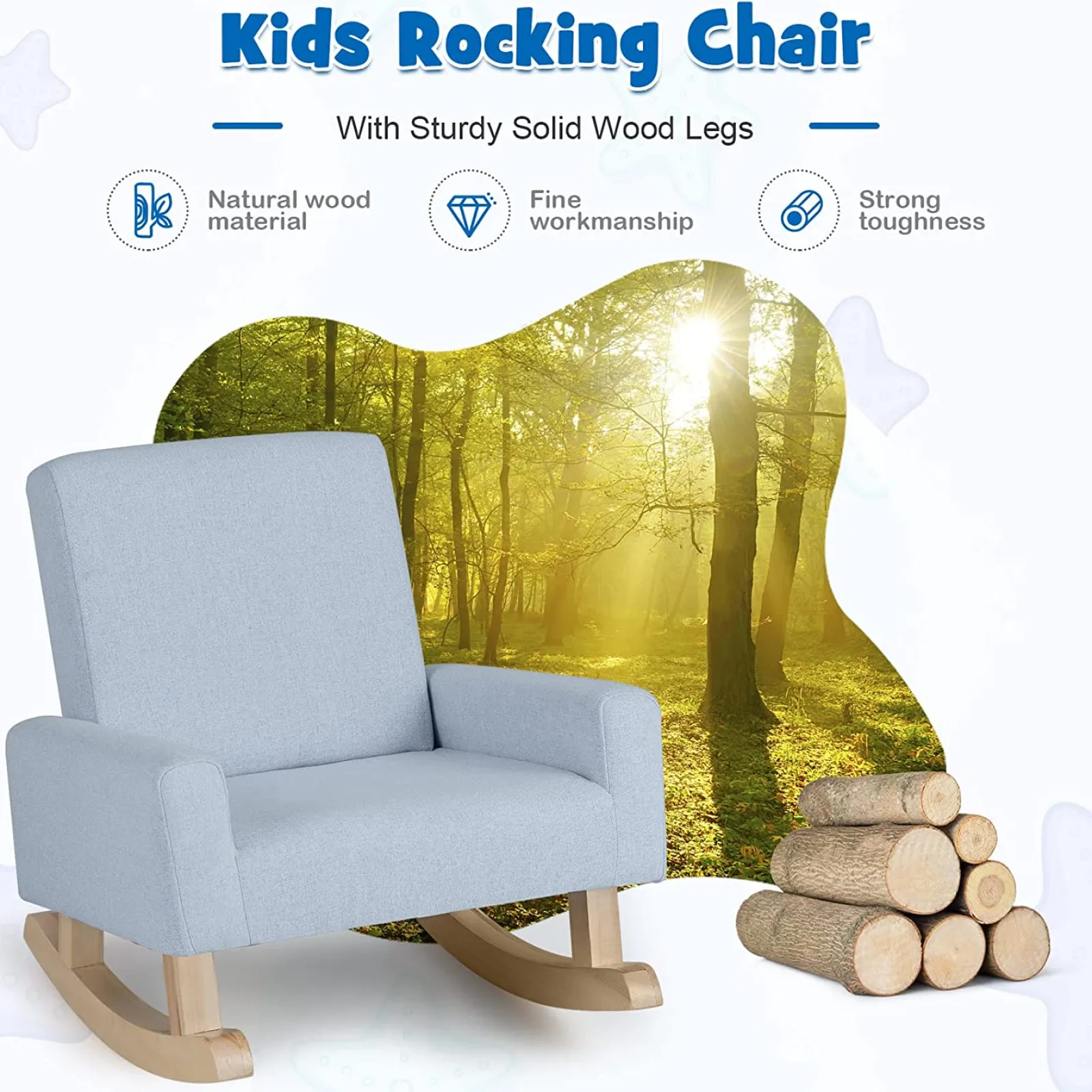 Little Helper Chairs & Stools | Eco Wood Frame | Anti-Tip Spine Supporting Armchair | Rocking Chair | Linen Blue | 3-6 years