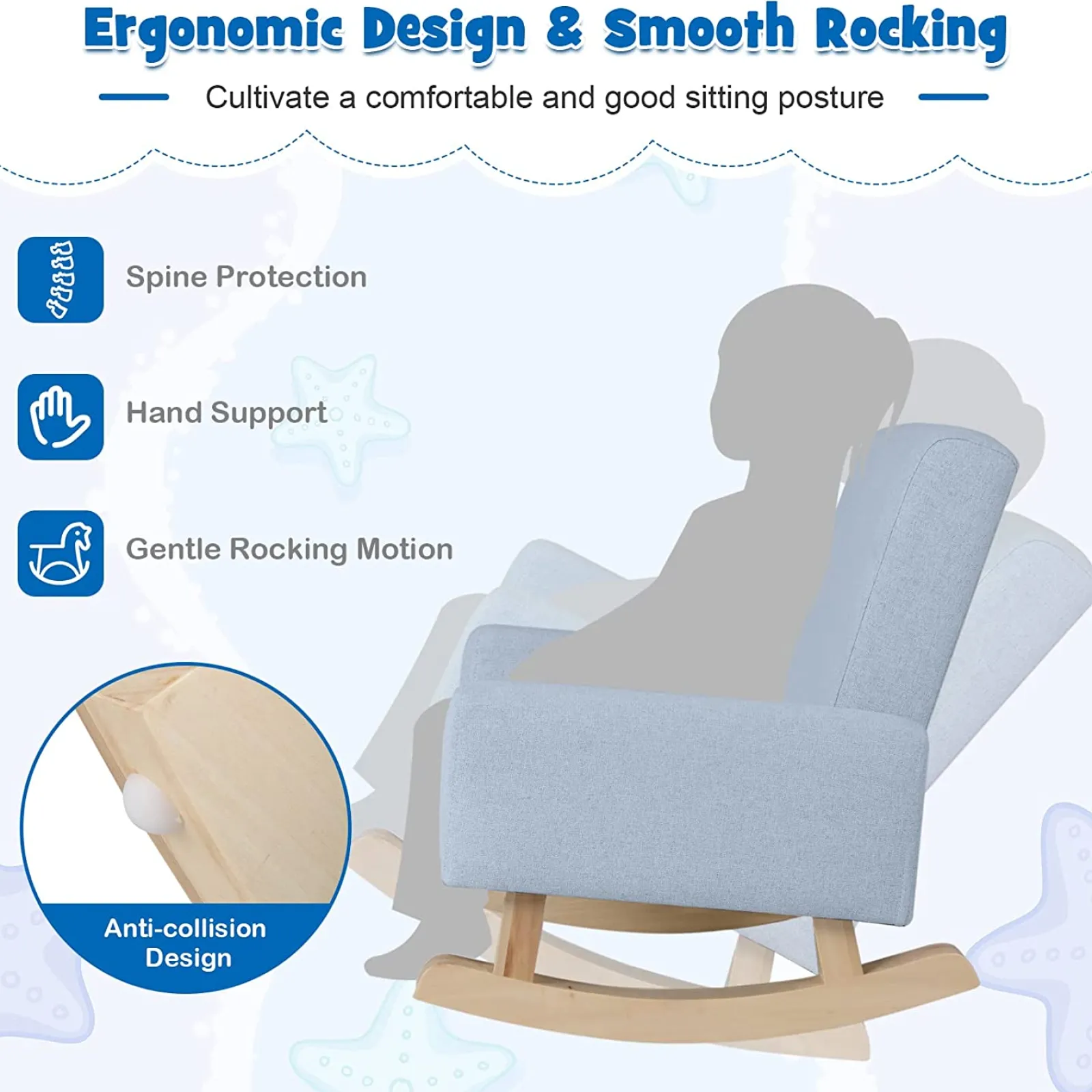 Little Helper Chairs & Stools | Eco Wood Frame | Anti-Tip Spine Supporting Armchair | Rocking Chair | Linen Blue | 3-6 years