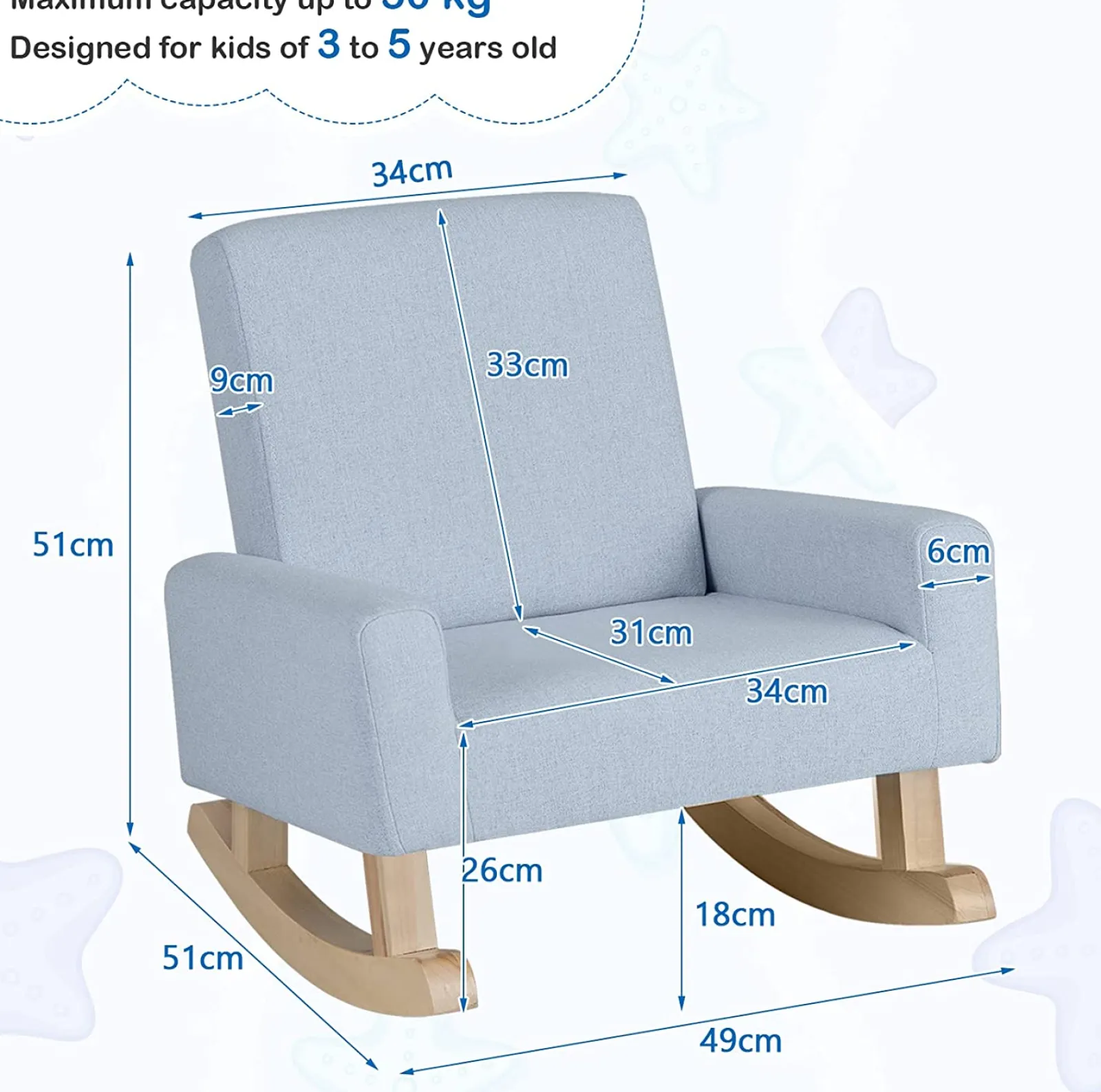 Little Helper Chairs & Stools | Eco Wood Frame | Anti-Tip Spine Supporting Armchair | Rocking Chair | Linen Blue | 3-6 years