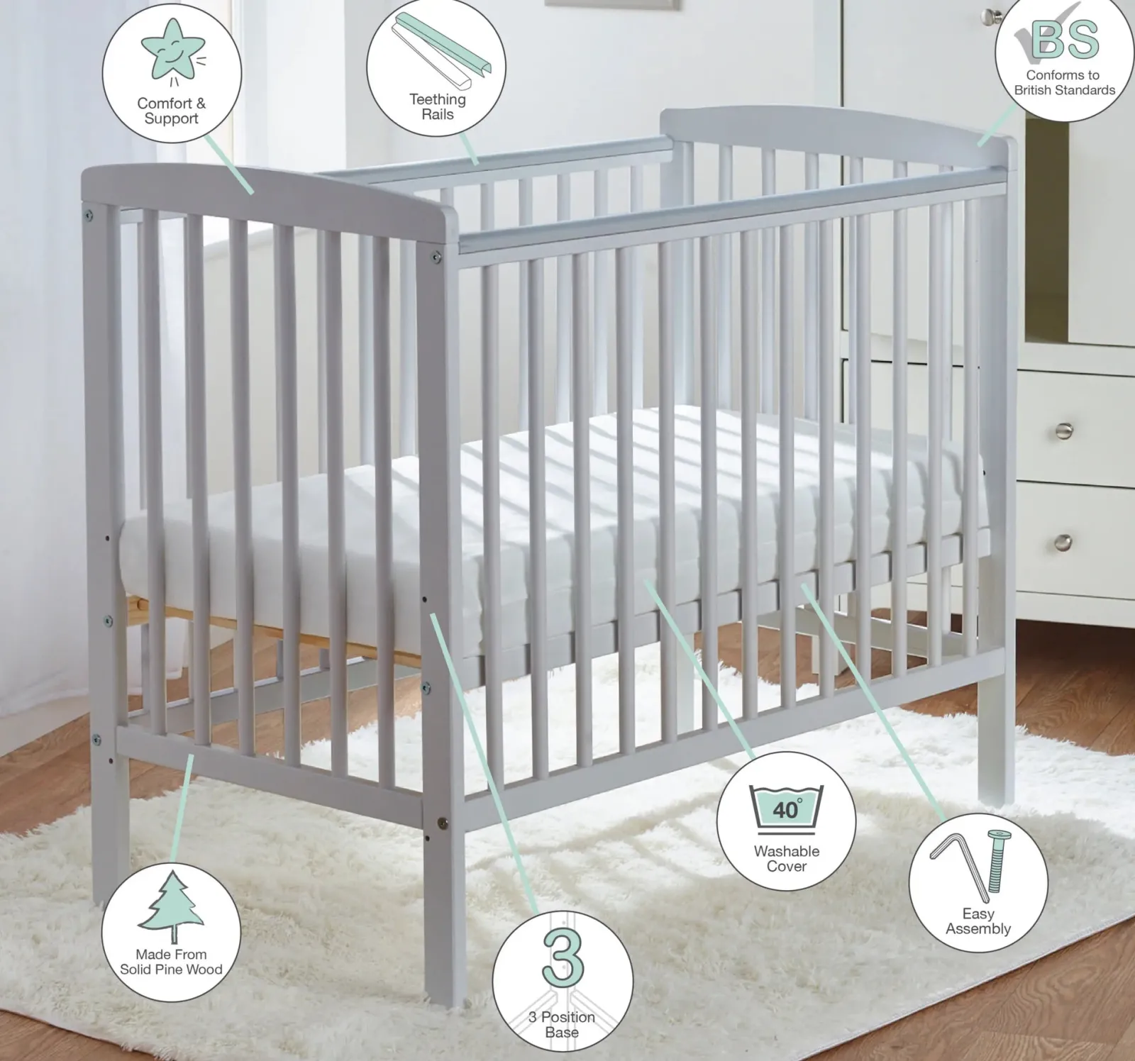 Little Helper Cots | Eco-Conscious Kozie Cot | Space Saving Cot | With Deluxe Foam Mattress & Blanket Option | Solid Pine | Soft Grey