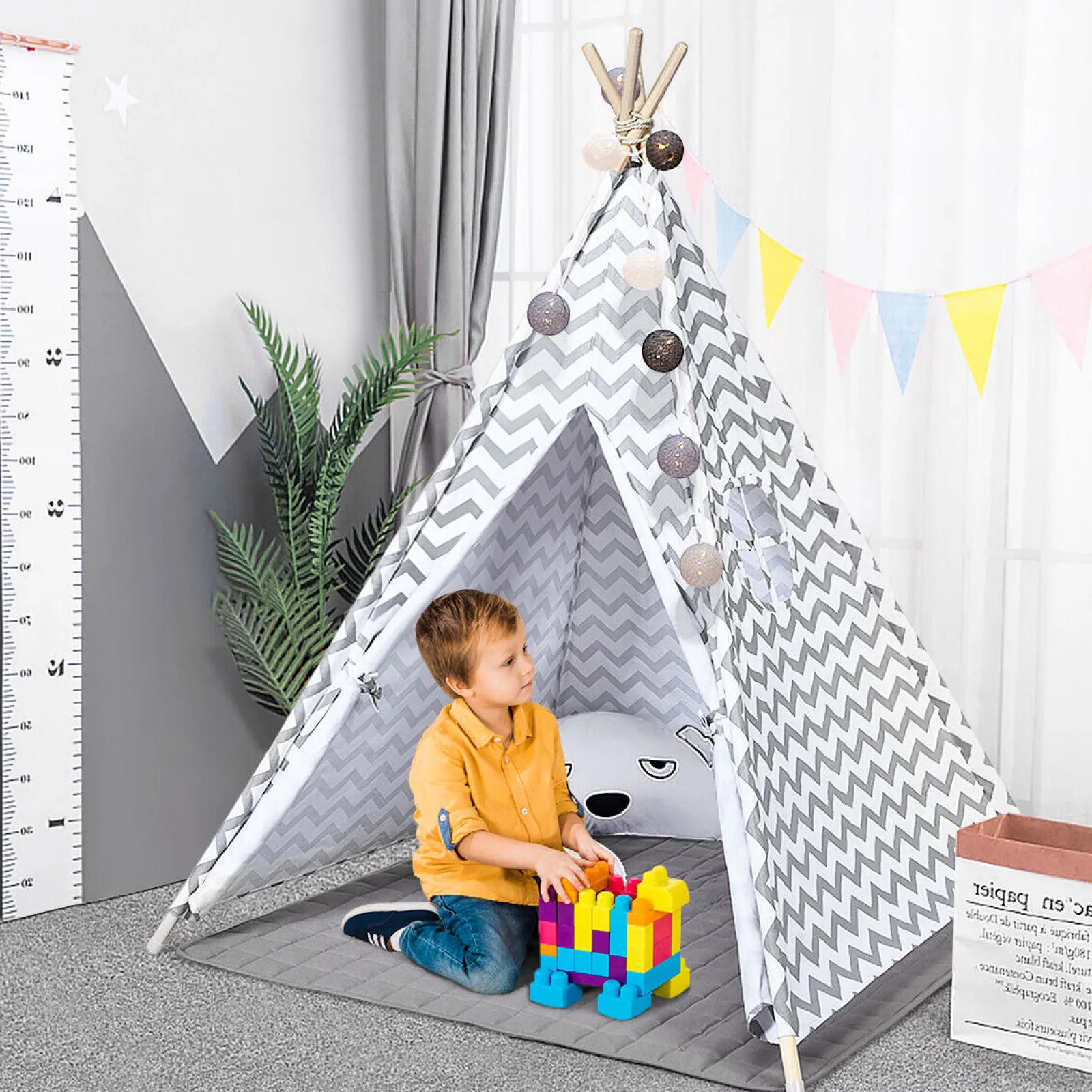 Little Helper Playhouses, Teepees & Dens | Playhouses, Teepees & Dens | Eco-friendly Kids Indian Teepee Tent | Floor Mat | Playhouse | Cotton | White & Grey
