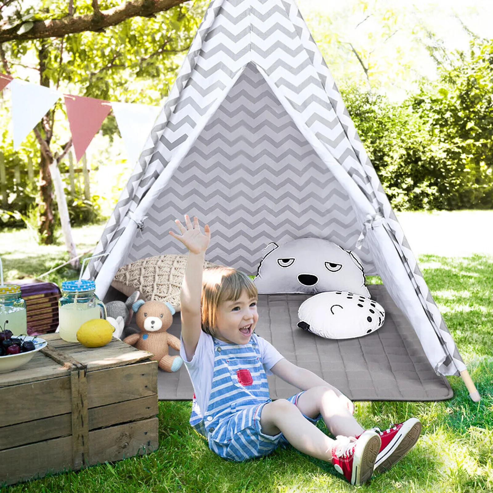 Little Helper Playhouses, Teepees & Dens | Playhouses, Teepees & Dens | Eco-friendly Kids Indian Teepee Tent | Floor Mat | Playhouse | Cotton | White & Grey