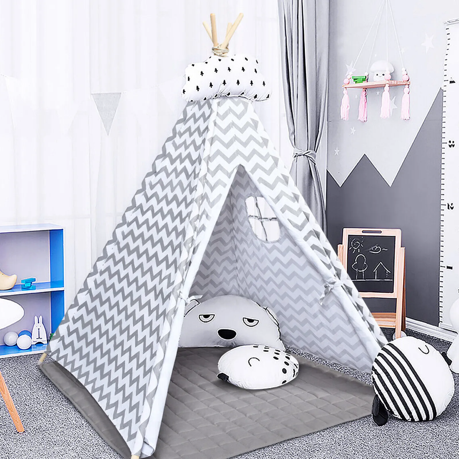 Little Helper Playhouses, Teepees & Dens | Playhouses, Teepees & Dens | Eco-friendly Kids Indian Teepee Tent | Floor Mat | Playhouse | Cotton | White & Grey