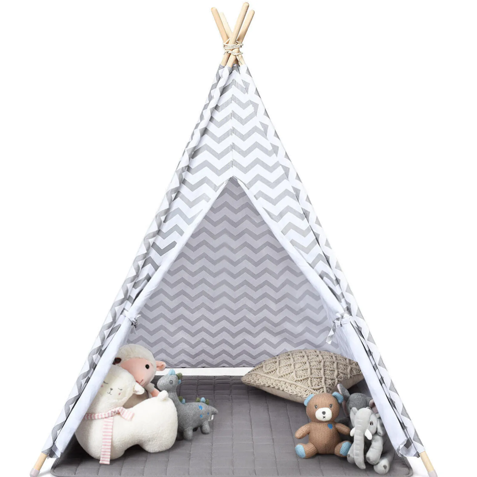 Little Helper Playhouses, Teepees & Dens | Playhouses, Teepees & Dens | Eco-friendly Kids Indian Teepee Tent | Floor Mat | Playhouse | Cotton | White & Grey