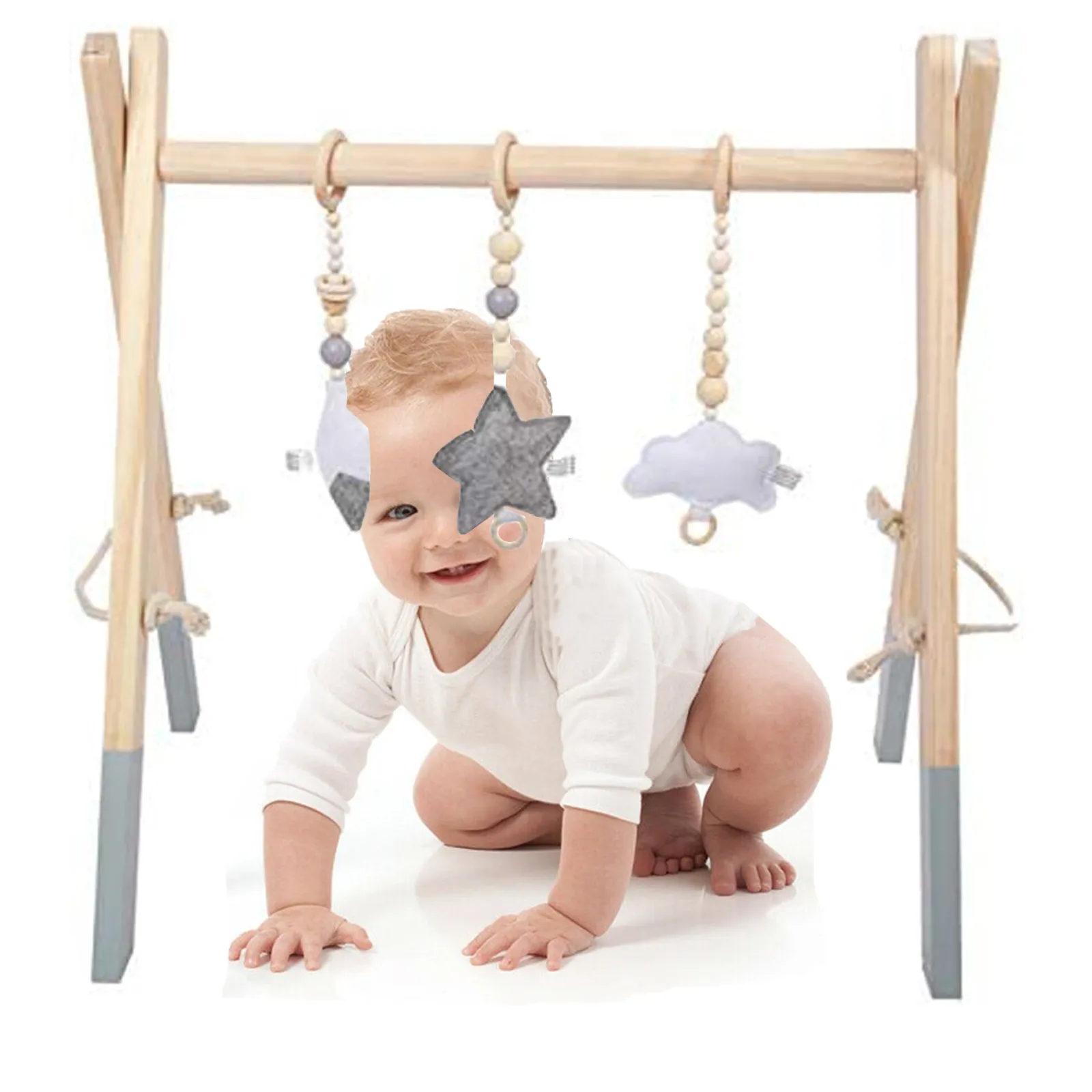 Little Helper Baby Play Gyms & Tummy Time & Activity Centres | Eco-Friendly Montessori 100% Natural Pine Wooden Baby Gym | Foldable | Natural & Grey | 3m+