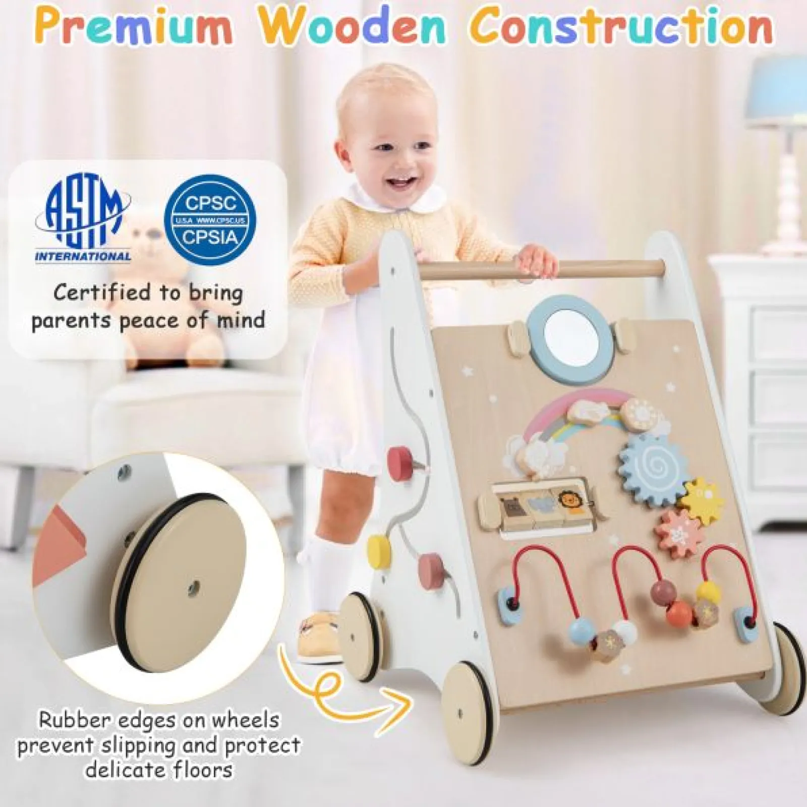Little Helper Wooden Toys & Educational Toys | Ergonomic | Posture Promoting Sit-to-Stand Wooden Baby Walker | Multiple Built-in Toy Activities | 12m+
