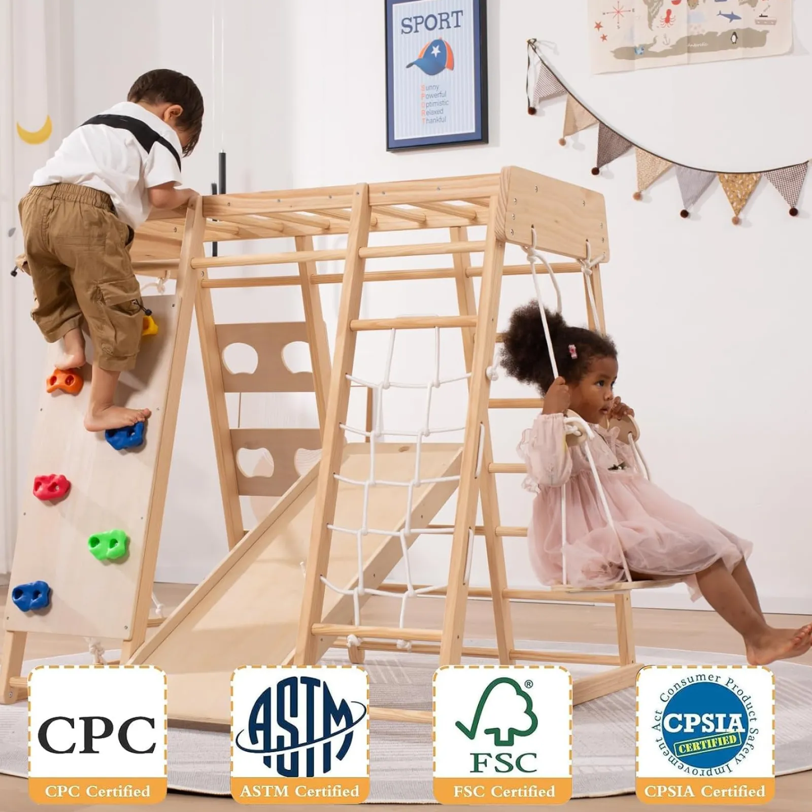 Little Helper Swing & Slide Sets & Garden Play & Trampolines | Kids Climbing Frames & Activity Toys | Ergonomic Design Pikler 8-in-1 Indoor Eco Wood Toddler Jungle Gym | Climbing Wall | Slide | 24m+