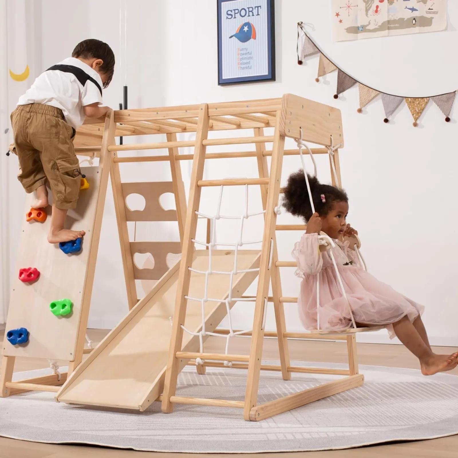 Little Helper Swing & Slide Sets & Garden Play & Trampolines | Kids Climbing Frames & Activity Toys | Ergonomic Design Pikler 8-in-1 Indoor Eco Wood Toddler Jungle Gym | Climbing Wall | Slide | 24m+