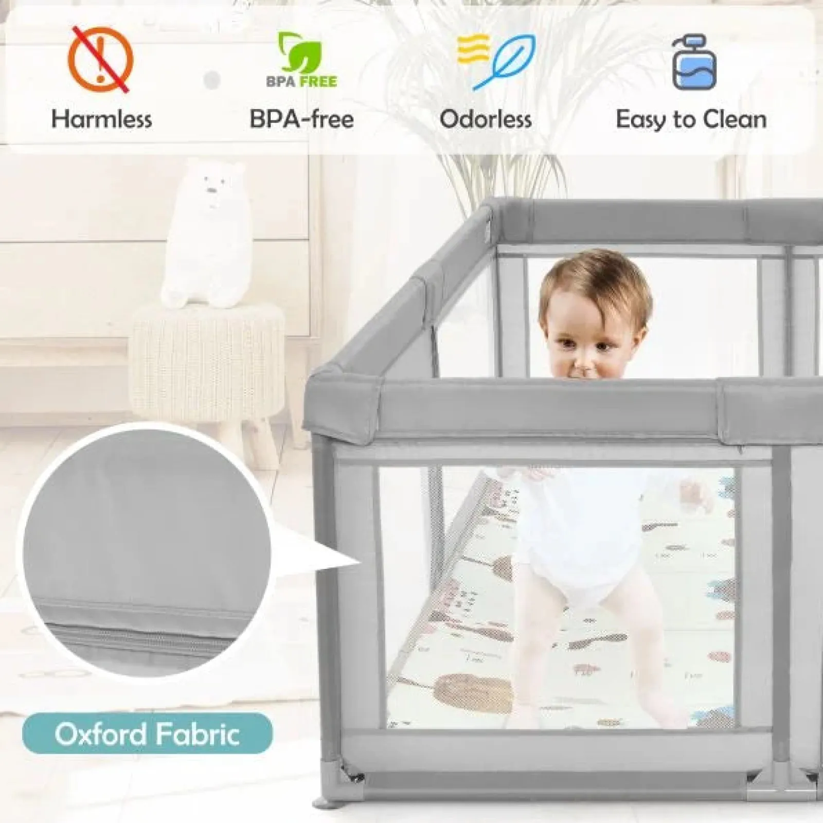 Little Helper Baby Playpens | Travel Cots & Travel Beds | Extra Large Baby Playpen | Ball Pool | 50 Balls & Carry Bag | Breathable Mesh Fabric | 2m x 1.4m | Soft Grey