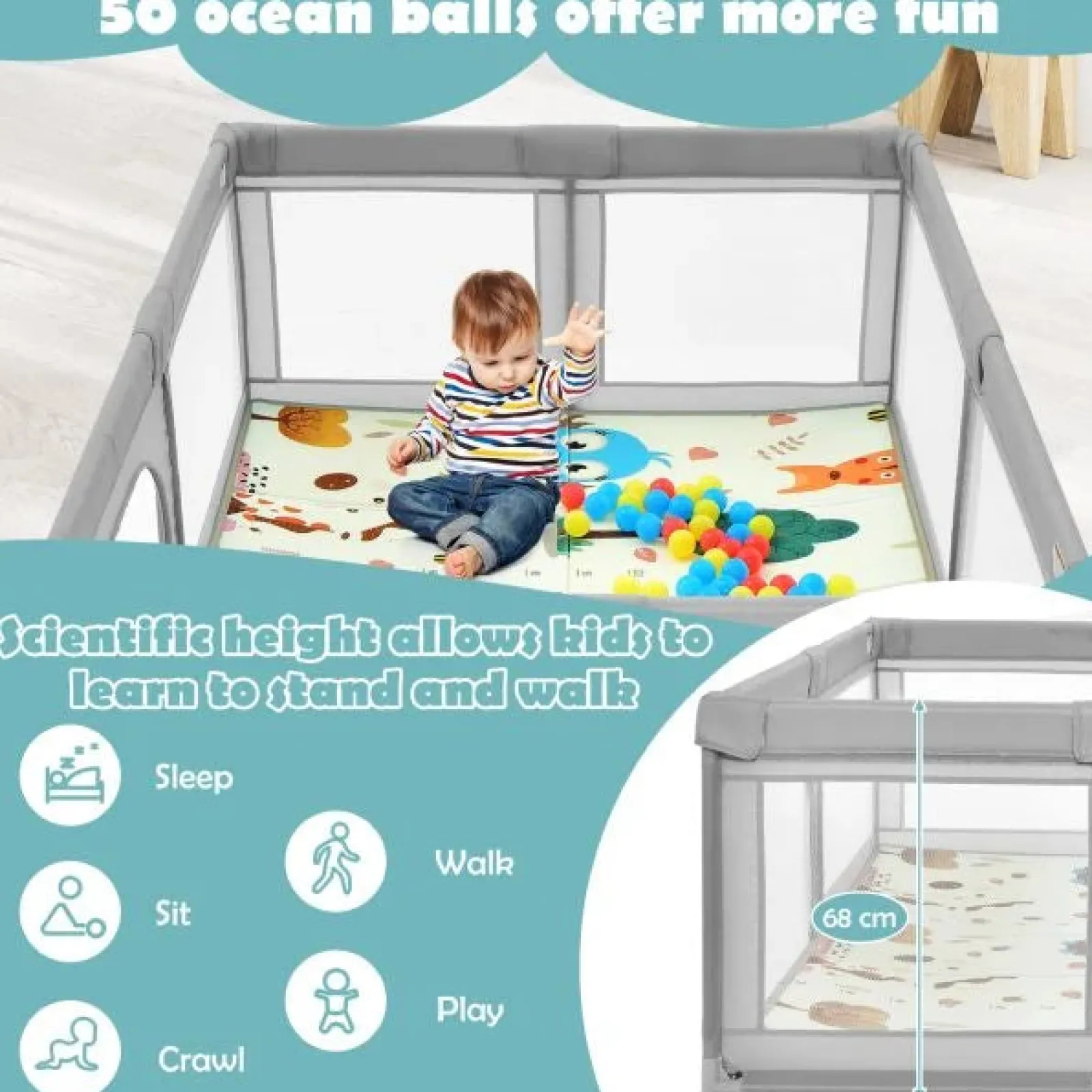 Little Helper Baby Playpens | Travel Cots & Travel Beds | Extra Large Baby Playpen | Ball Pool | 50 Balls & Carry Bag | Breathable Mesh Fabric | 2m x 1.4m | Soft Grey