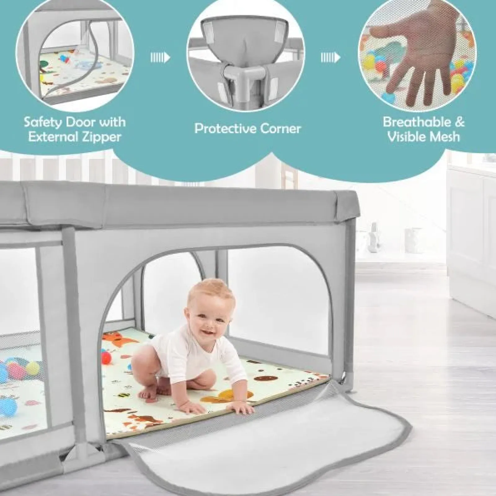 Little Helper Baby Playpens | Travel Cots & Travel Beds | Extra Large Baby Playpen | Ball Pool | 50 Balls & Carry Bag | Breathable Mesh Fabric | 2m x 1.4m | Soft Grey