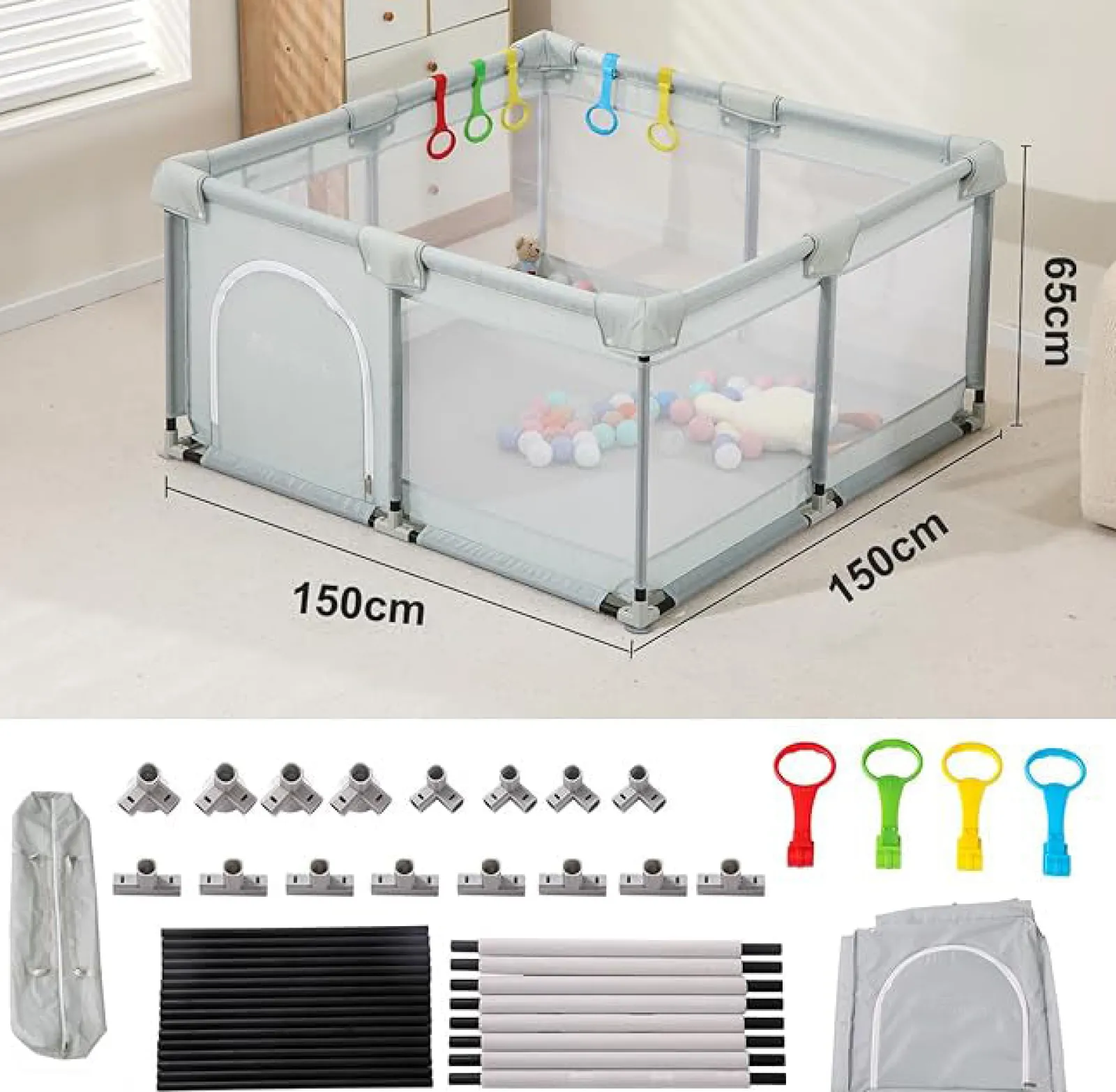 Little Helper Baby Playpens | Travel Cots & Travel Beds | Extra Large Baby Playpen | Ball Pool | Breathable Mesh Fabric | 1.5m Square | Soft Grey