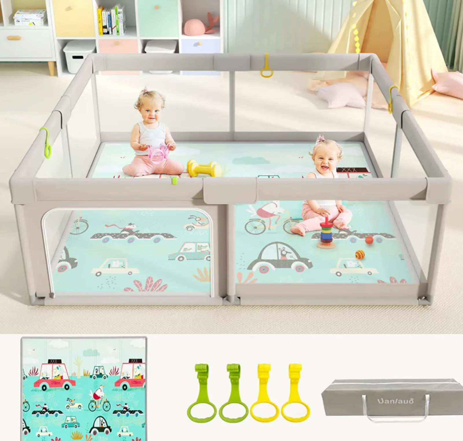 Little Helper Baby Playpens | Travel Cots & Travel Beds | Extra Large Baby Playpen | Support Handles | Carry Bag | Breathable Mesh Fabric | Includes Reversible Play Mat | Grey