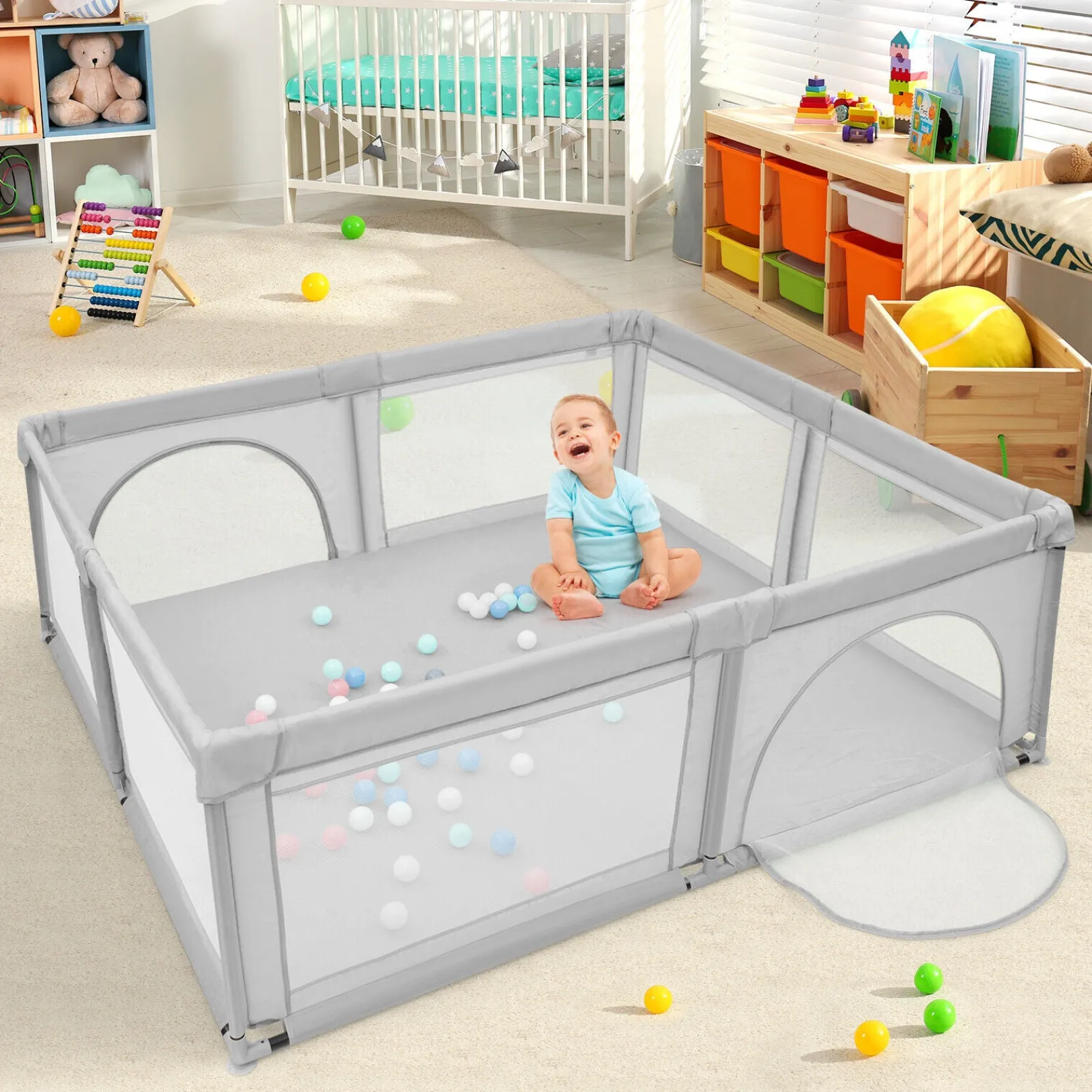 Little Helper Baby Playpens | Travel Cots & Travel Beds | Extra Large Baby Playpen and Ball Pool with 50 Balls | Breathable Mesh Fabric | 2.07m x 1.87m | Soft Grey