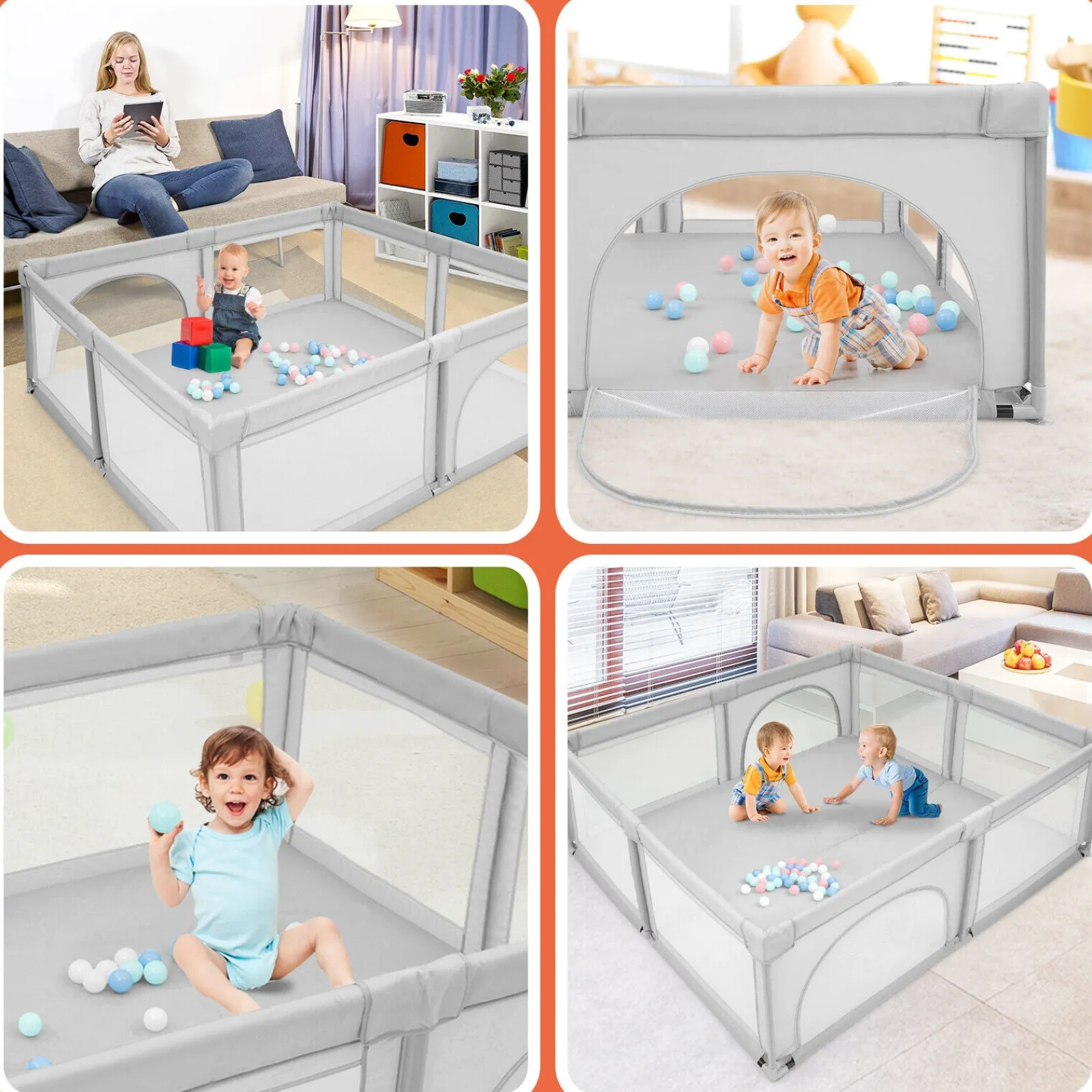 Little Helper Baby Playpens | Travel Cots & Travel Beds | Extra Large Baby Playpen and Ball Pool with 50 Balls | Breathable Mesh Fabric | 2.07m x 1.87m | Soft Grey