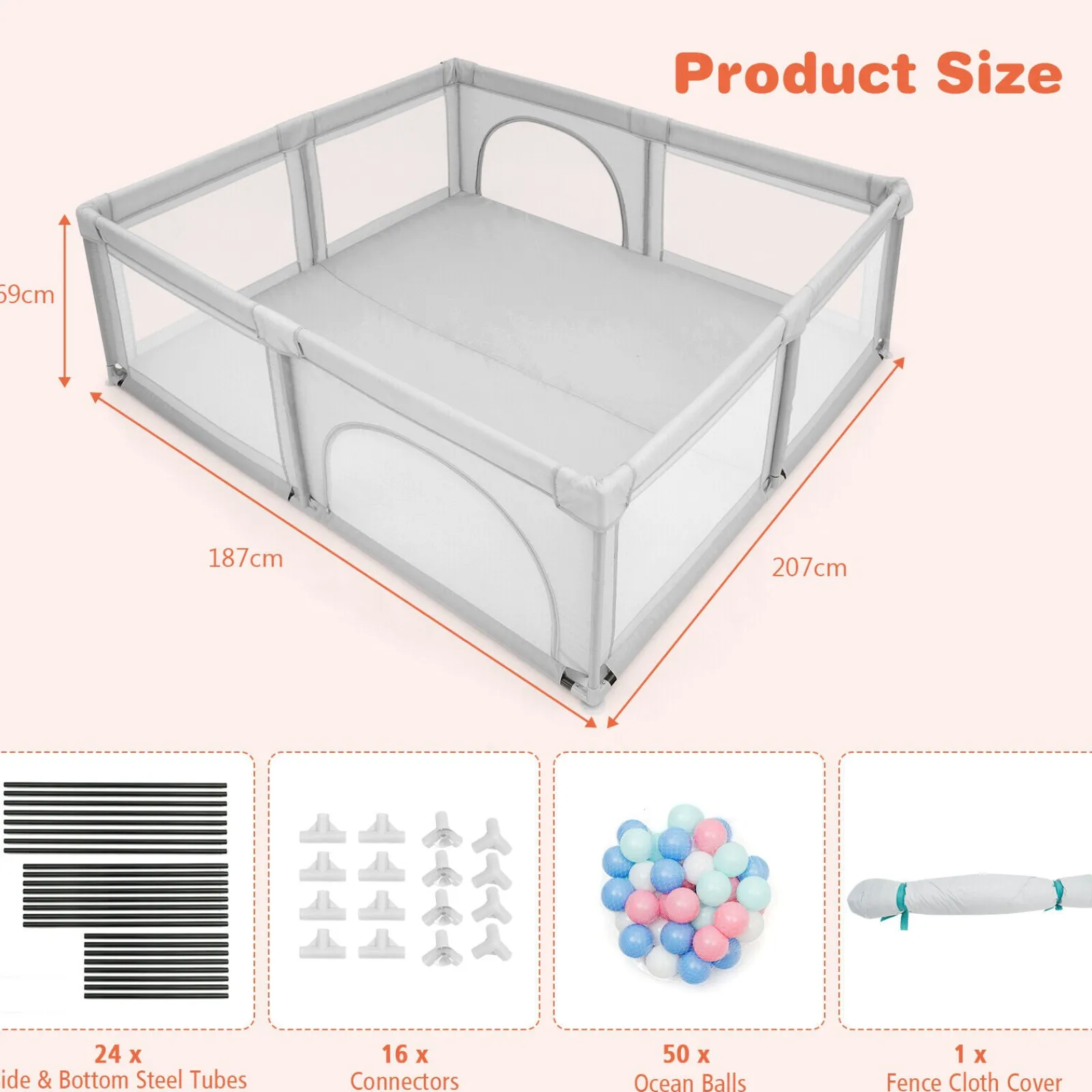 Little Helper Baby Playpens | Travel Cots & Travel Beds | Extra Large Baby Playpen and Ball Pool with 50 Balls | Breathable Mesh Fabric | 2.07m x 1.87m | Soft Grey