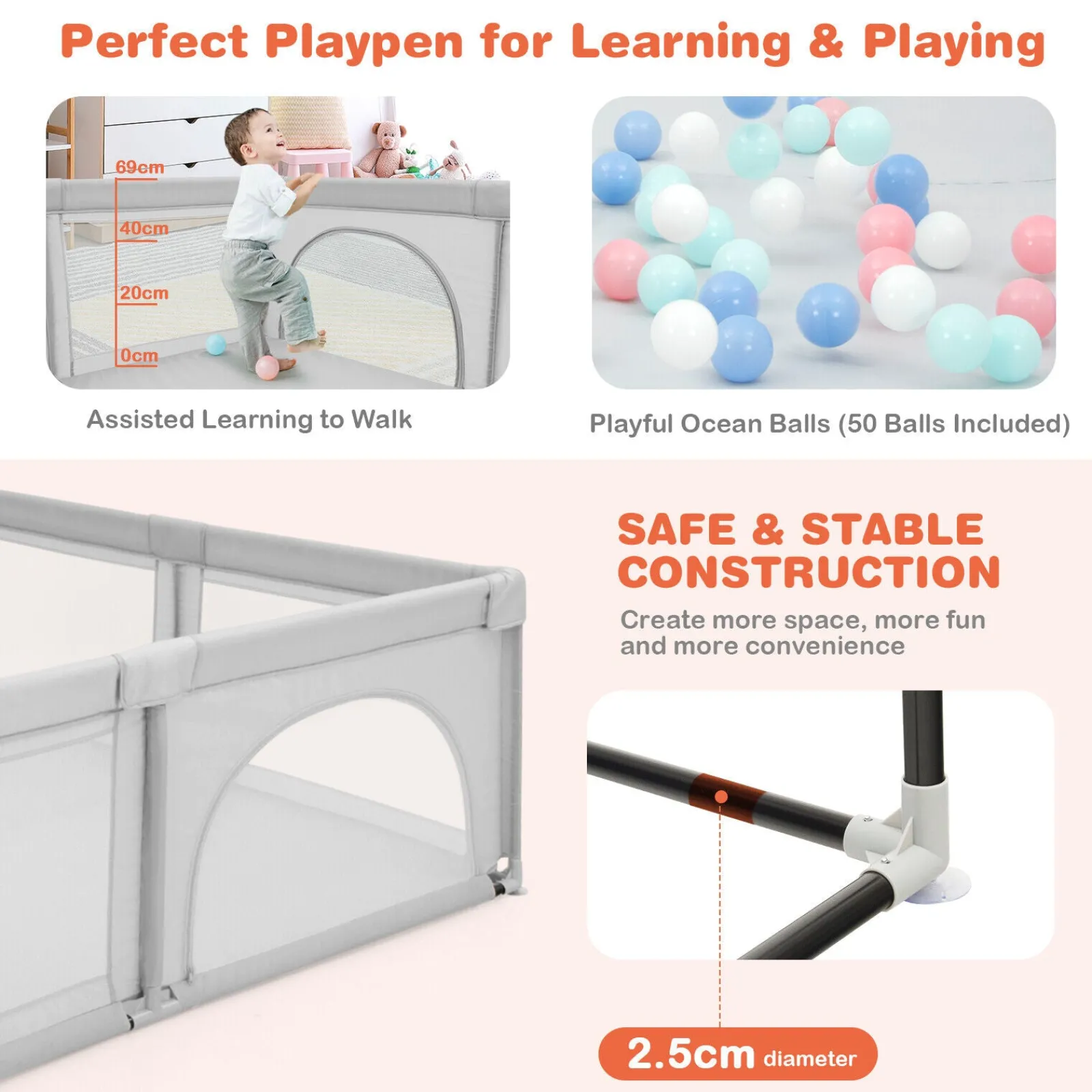 Little Helper Baby Playpens | Travel Cots & Travel Beds | Extra Large Baby Playpen and Ball Pool with 50 Balls | Breathable Mesh Fabric | 2.07m x 1.87m | Soft Grey