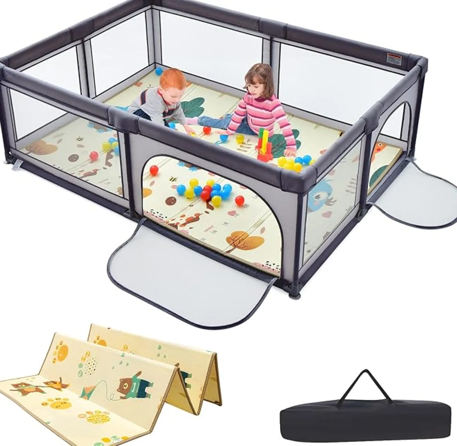 Little Helper Baby Playpens | Travel Cots & Travel Beds | Extra Large Baby Playpen and Ball Pool with 50 Balls, Mat & Carry Bag | Breathable Mesh Fabric | 2m x 1.4m | Grey