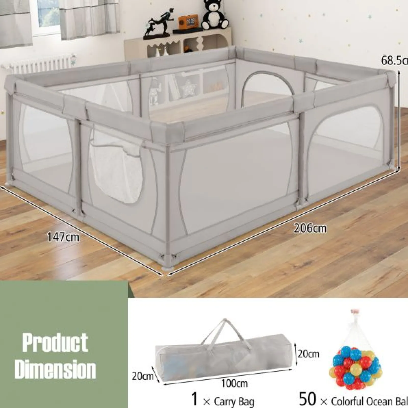 Little Helper Baby Playpens | Travel Cots & Travel Beds | Extra Large Baby Playpen and Ball Pool with 50 Balls, Mat & Carry Bag | Breathable Mesh Fabric | 2m x 1.4m | Grey